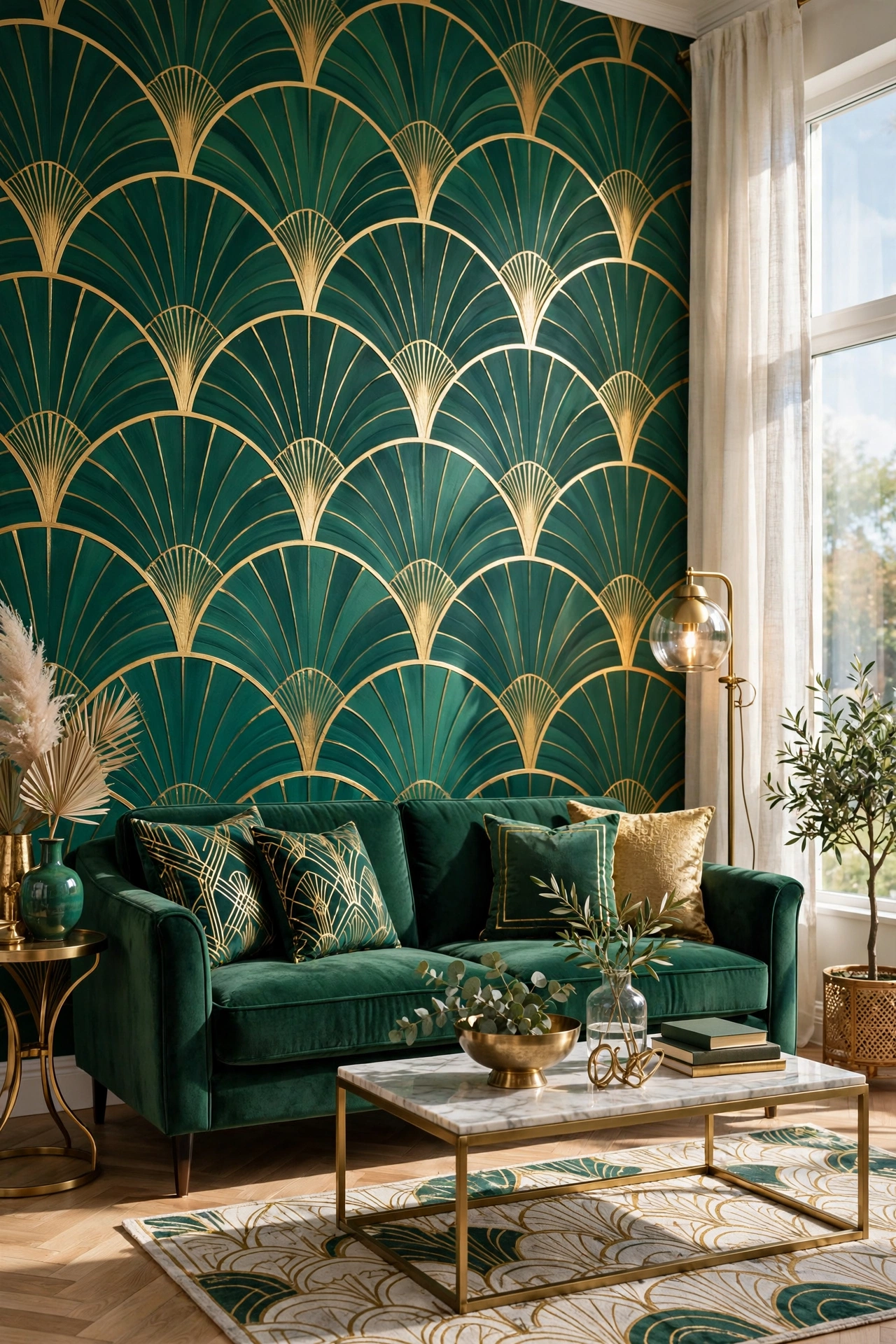 Glam living room wall with art deco scallop fan shapes in emerald and gold