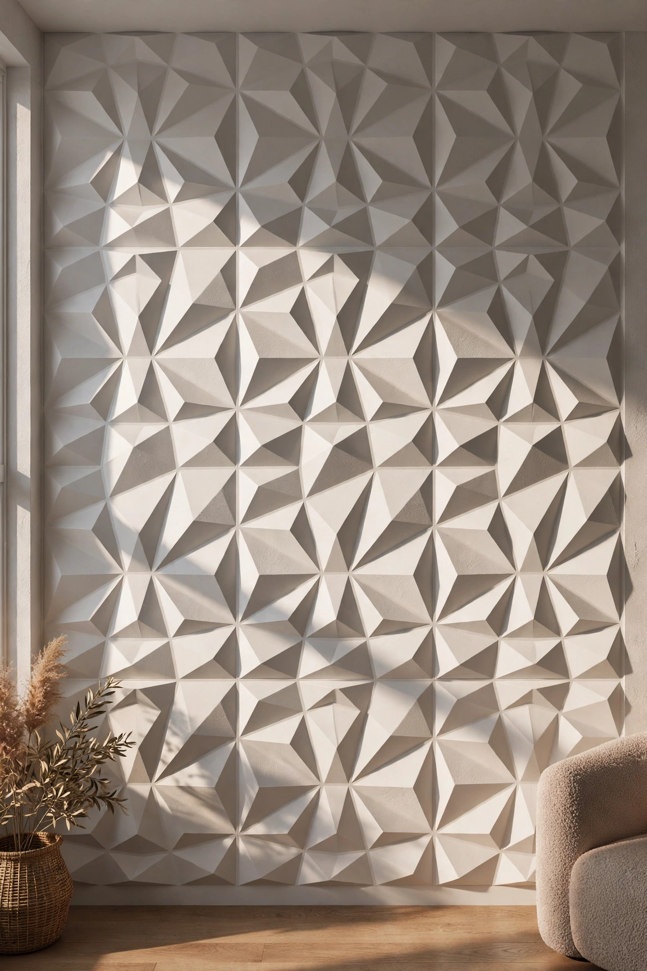 Modern accent wall with Art3d white 3D geometric textured peel-and-stick panels and dramatic lighting