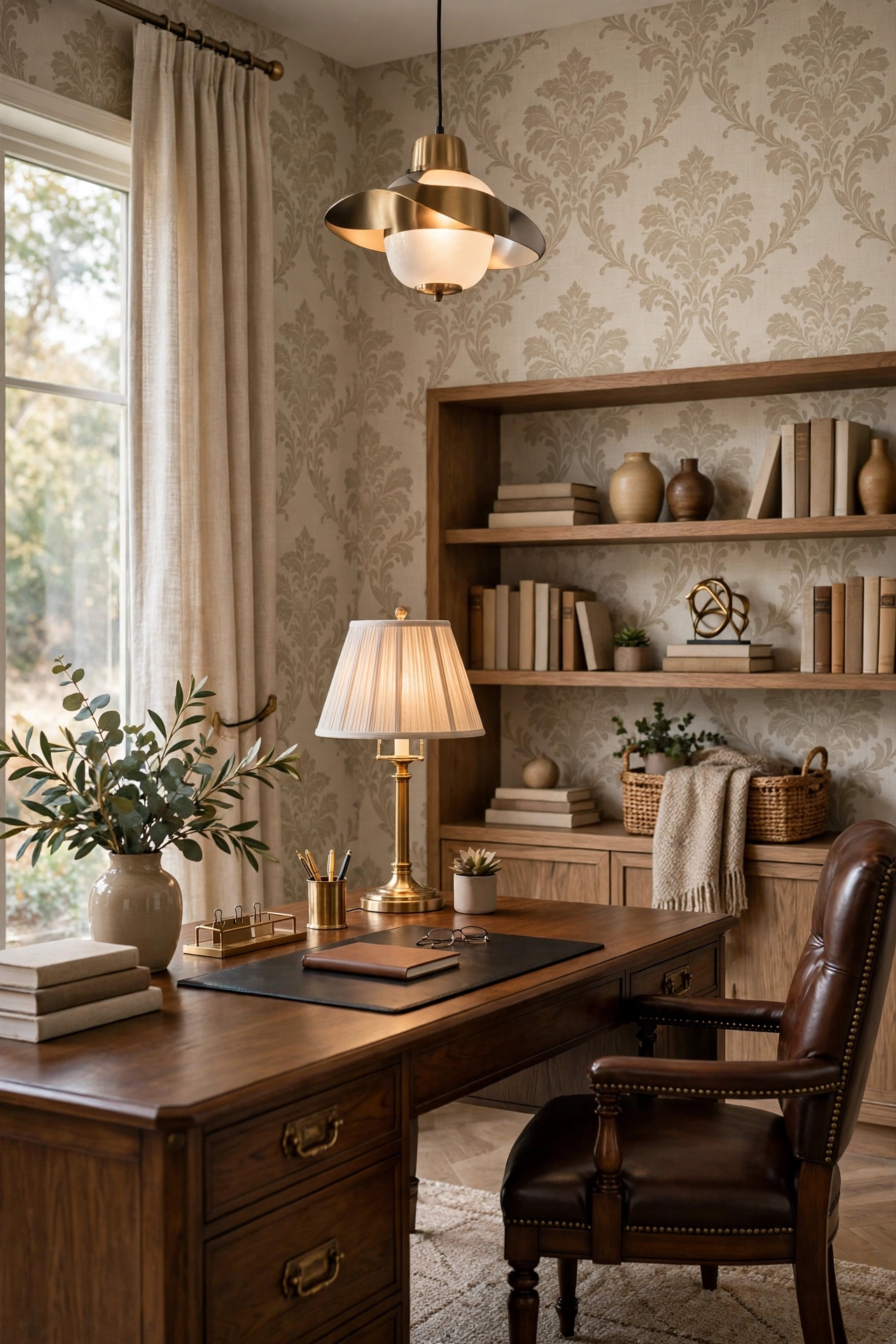 Upscale home office with Astek Home warm greige damask premium peel-and-stick wallpaper