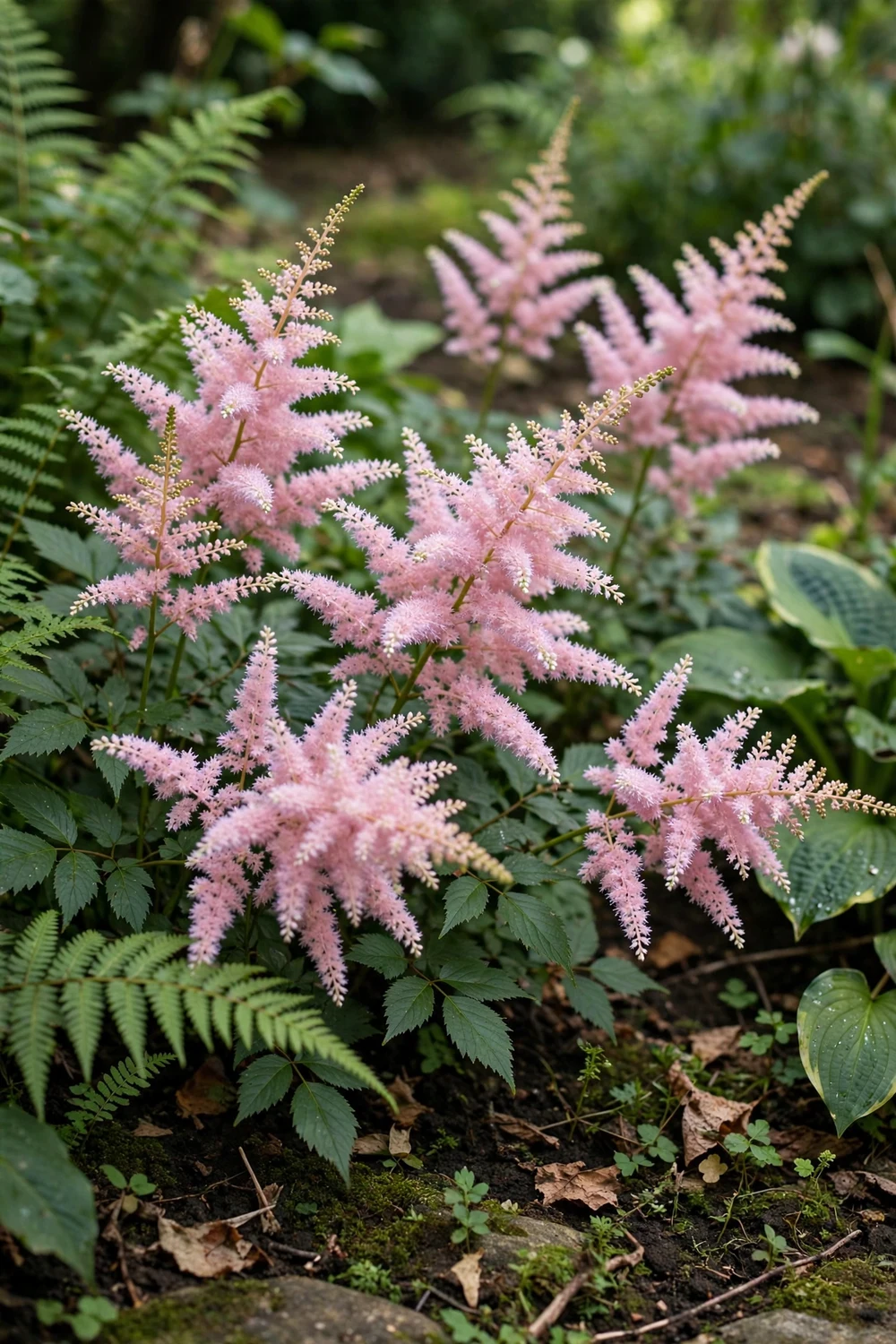 Astilbe with soft fluffy pink flower plumes in a shady garden