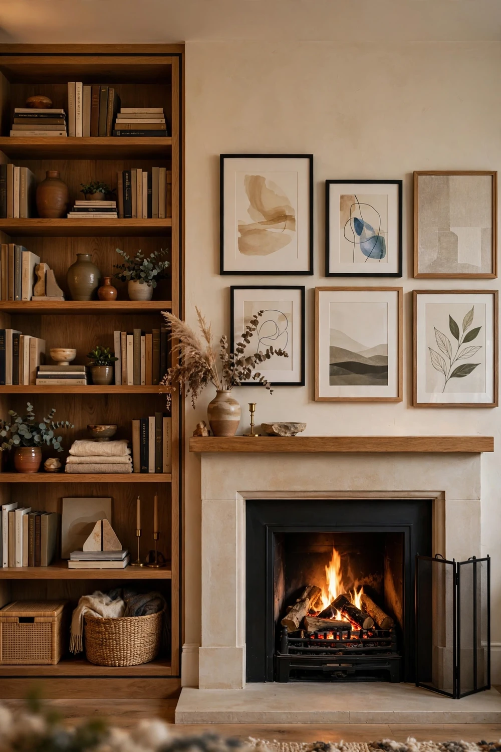 Asymmetrical design with bookshelves on one side of fireplace and art gallery on other