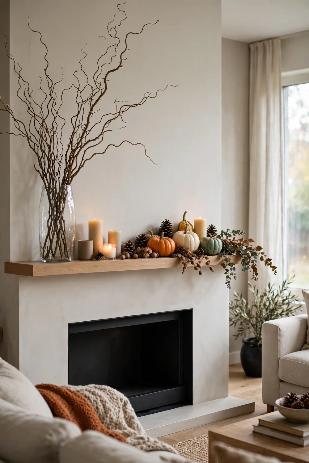 Tall branch arrangement on one side of mantel with low pumpkin drift