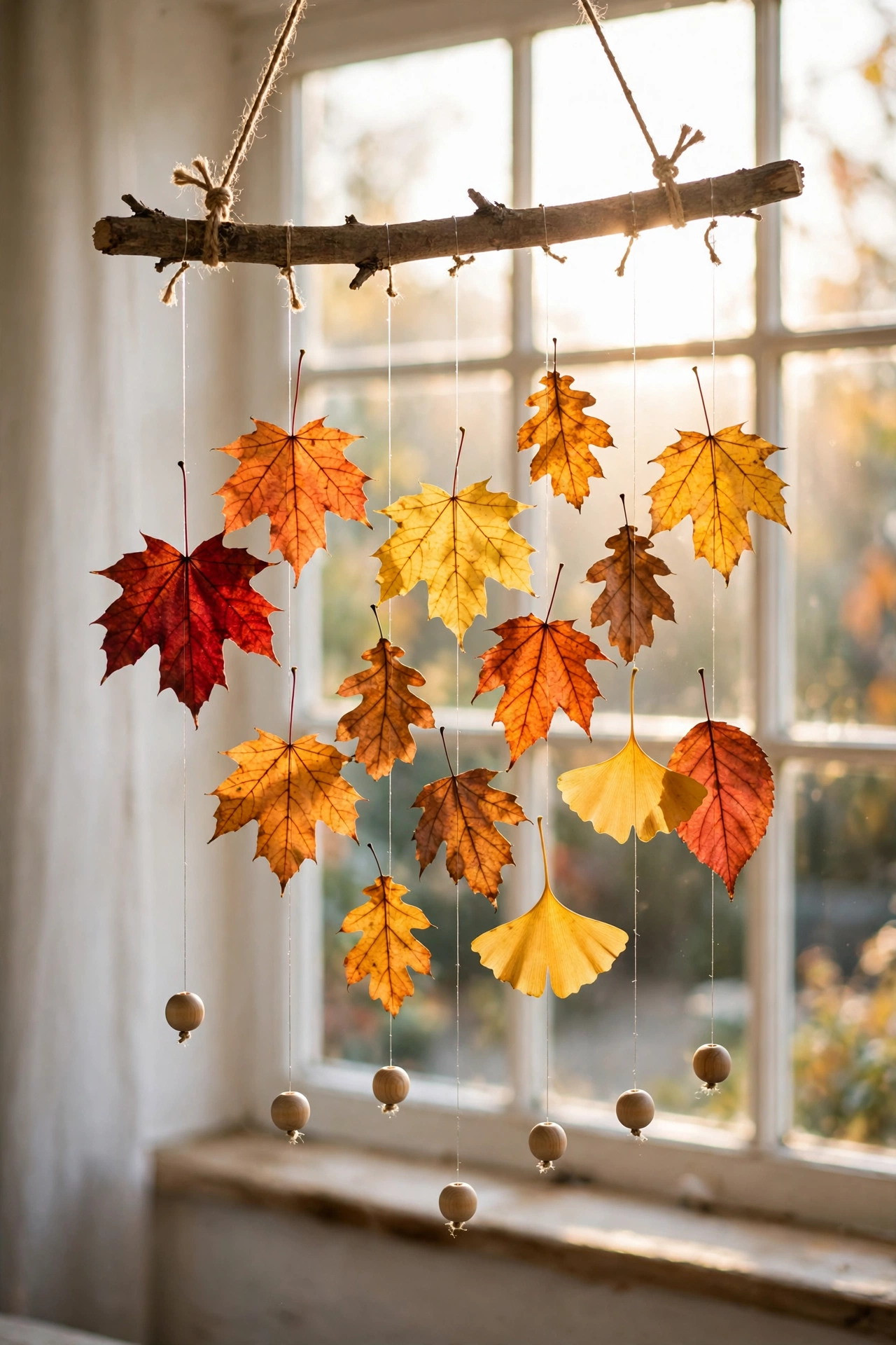 Hanging mobile of colorful fall leaves tied with fishing line to a natural branch