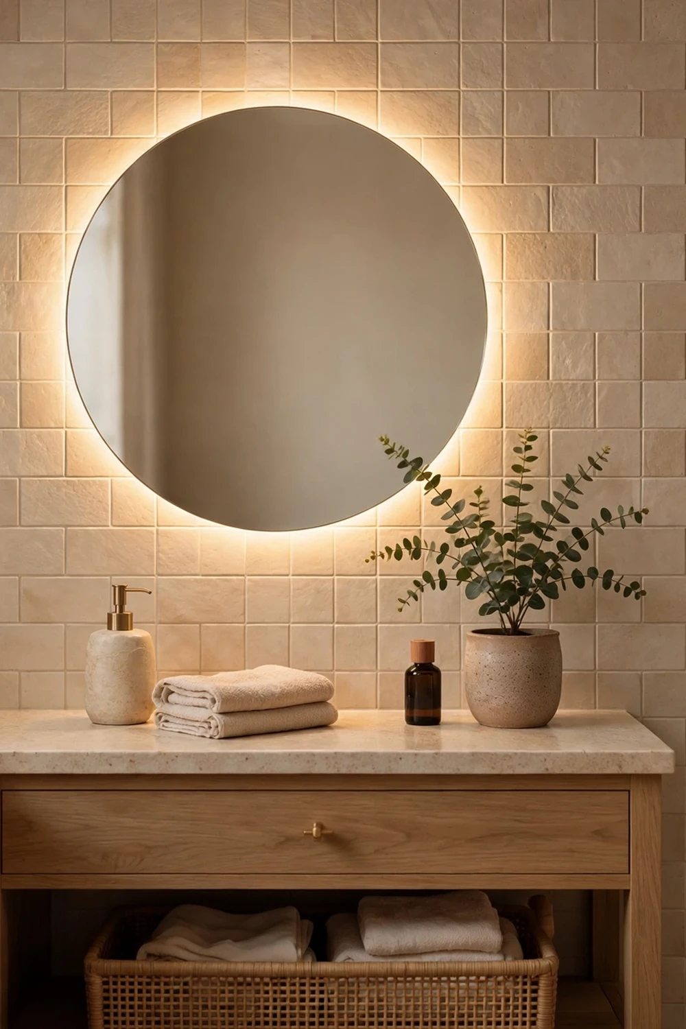 Bathroom with a round backlit mirror glowing softly against a tiled wall