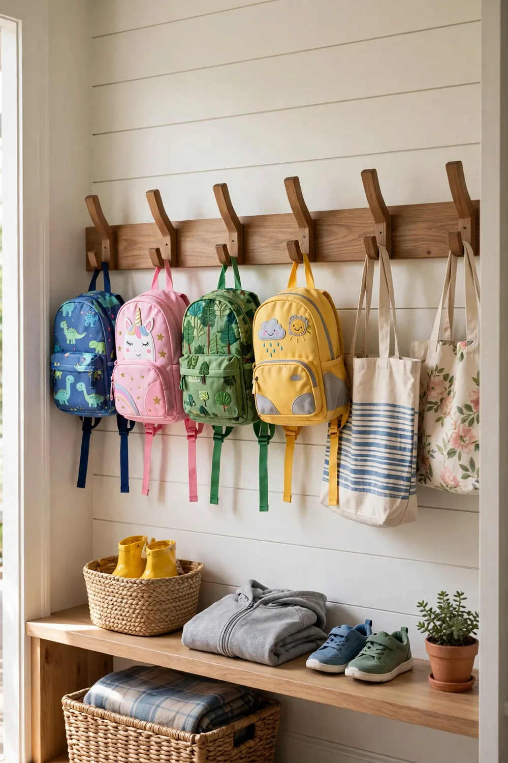 Closet wall with sturdy hooks holding backpacks bags and jackets