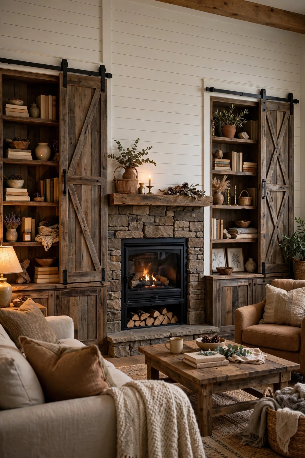 Built-in bookshelves with sliding barn doors around a fireplace