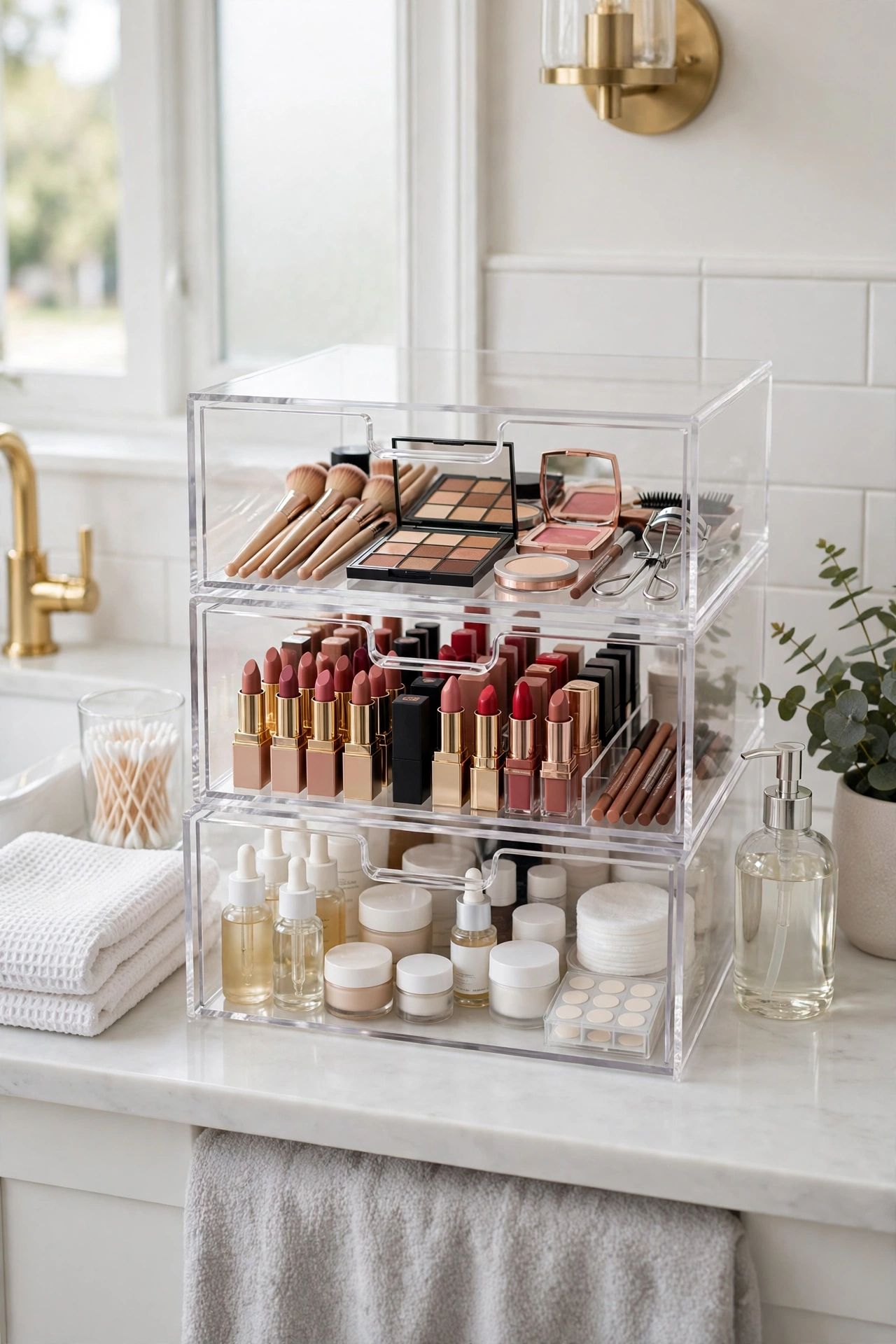 Stackable clear acrylic drawers on a bathroom counter organizing makeup and toiletries