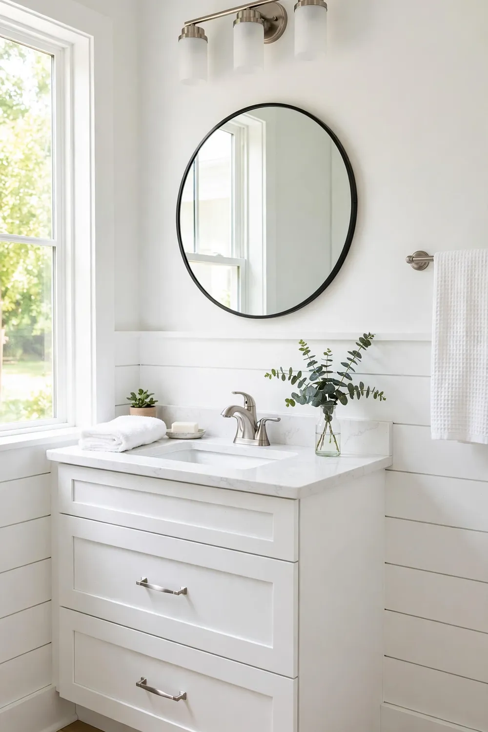 Bright bathroom with half-height white shiplap behind a white vanity
