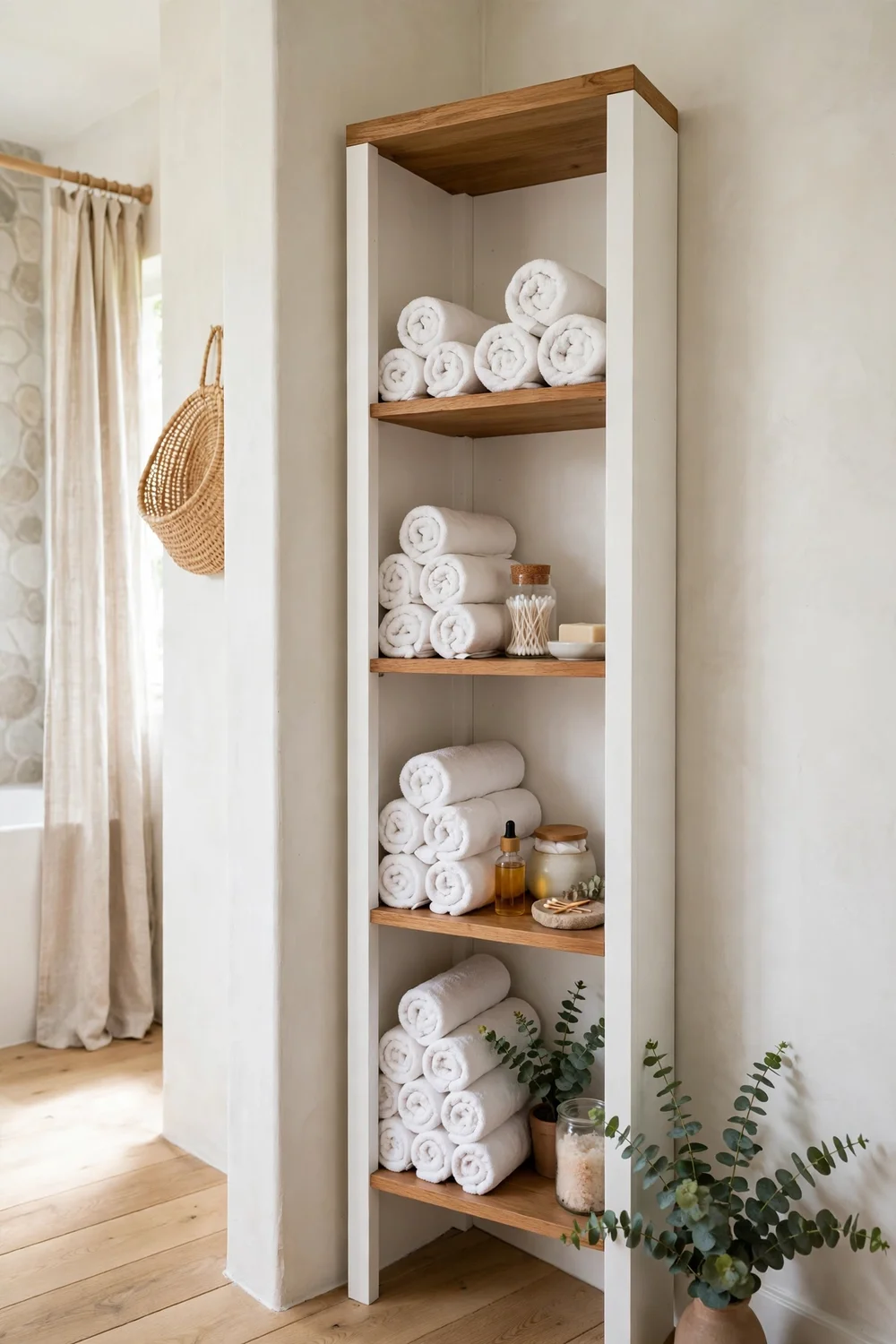 Tall narrow corner linen cabinet in bathroom holding folded towels and toiletries