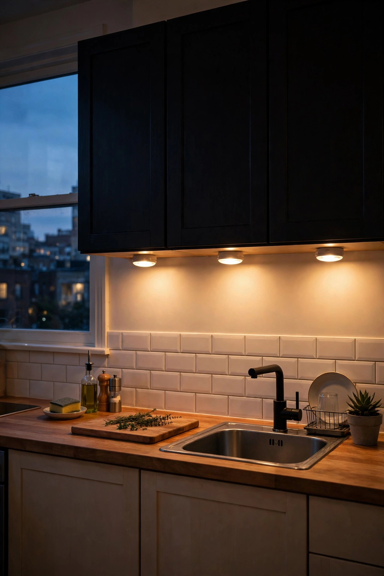 Rental kitchen at dusk with battery puck lights glowing under upper cabinets