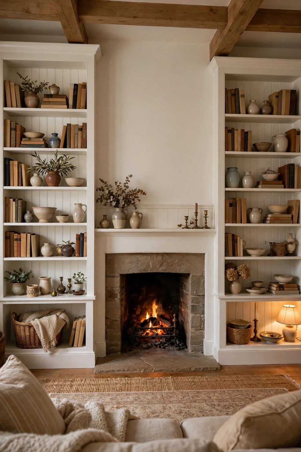 Built-in bookshelves with beadboard back panels around a fireplace