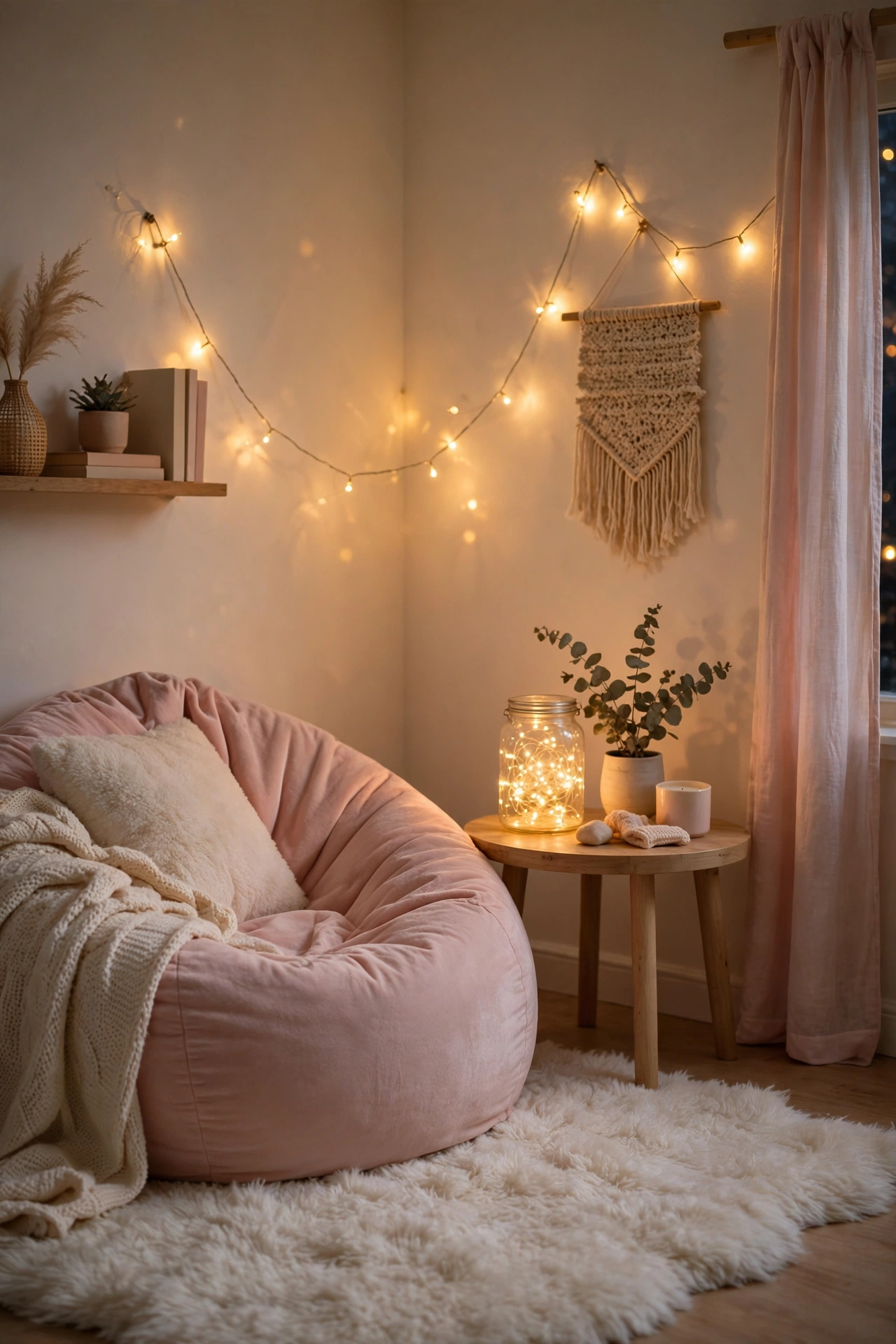 Blush pink bean bag lounge corner with side table and fairy lights in a teen bedroom