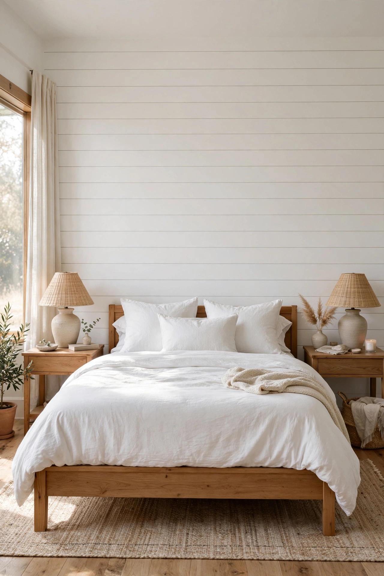 Calm bedroom with a full white shiplap accent wall behind a wooden bed frame