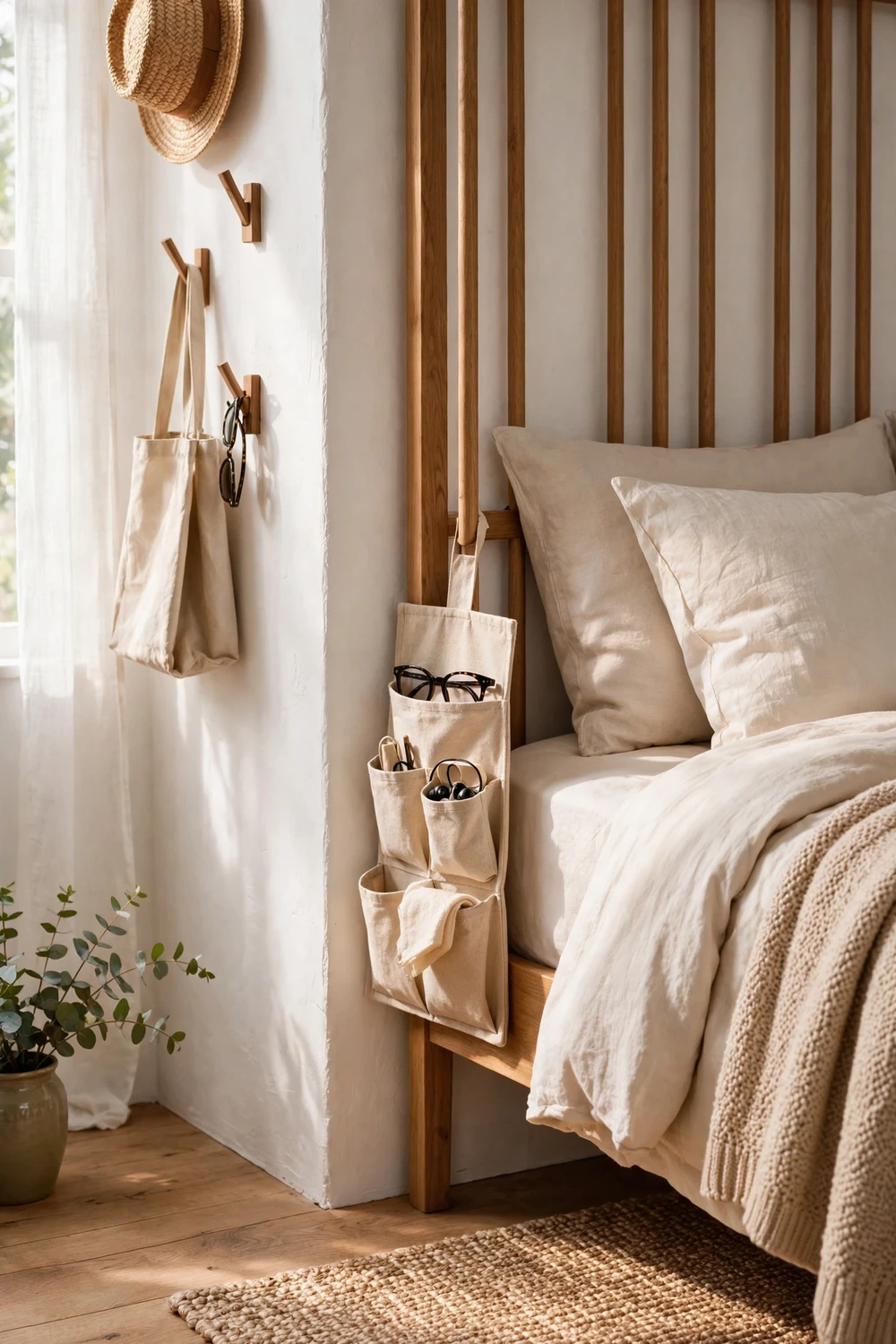 Tiny bedroom corner with a fabric bedside caddy on the bed frame and wall hooks