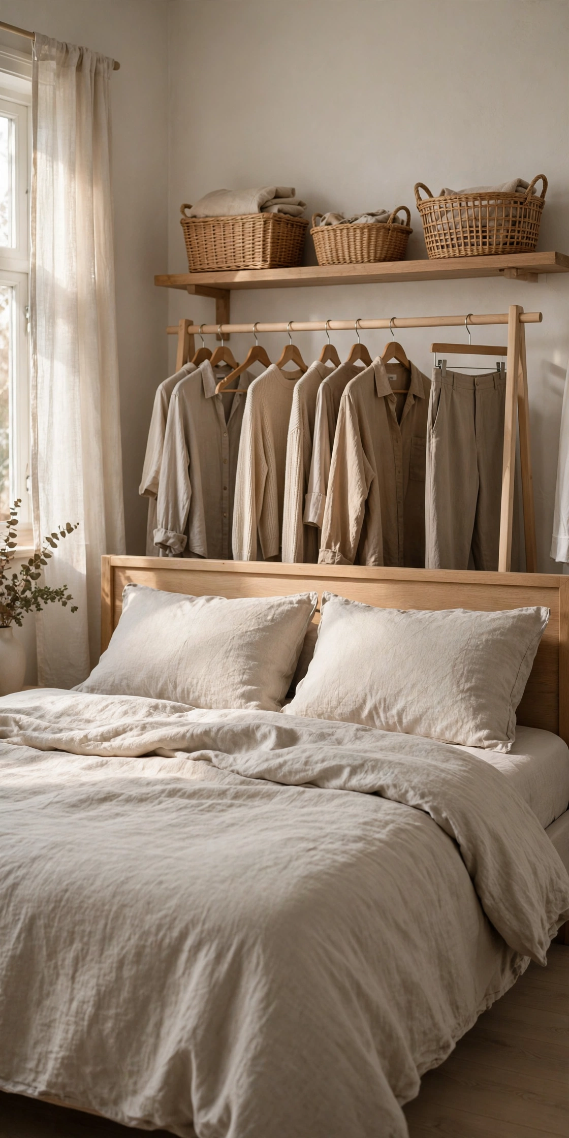 Low wooden clothing rack placed behind a bed headboard in a Scandinavian bedroom