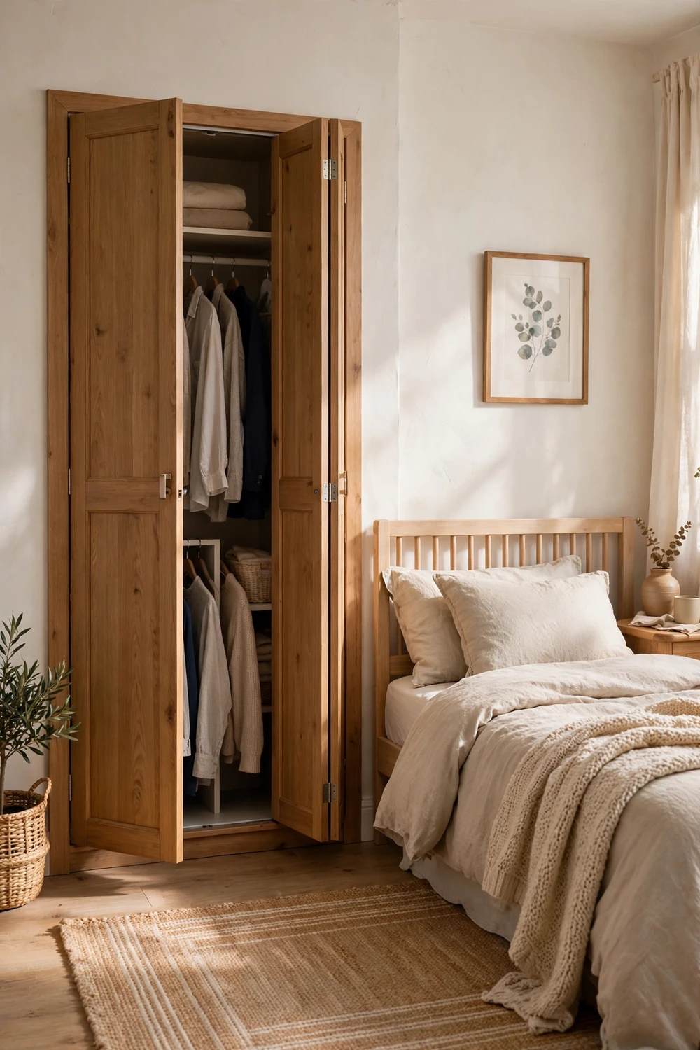Small bedroom with fitted wardrobe with bi-fold doors half-open beside a bed