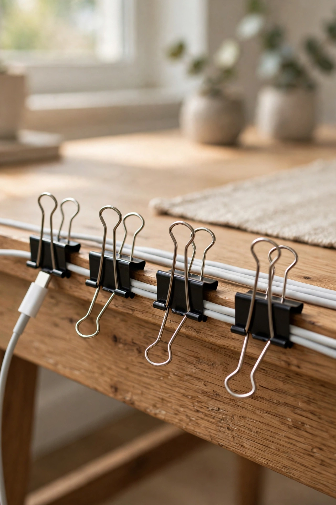Binder clips clipped to a desk edge organizing charging cables and cords