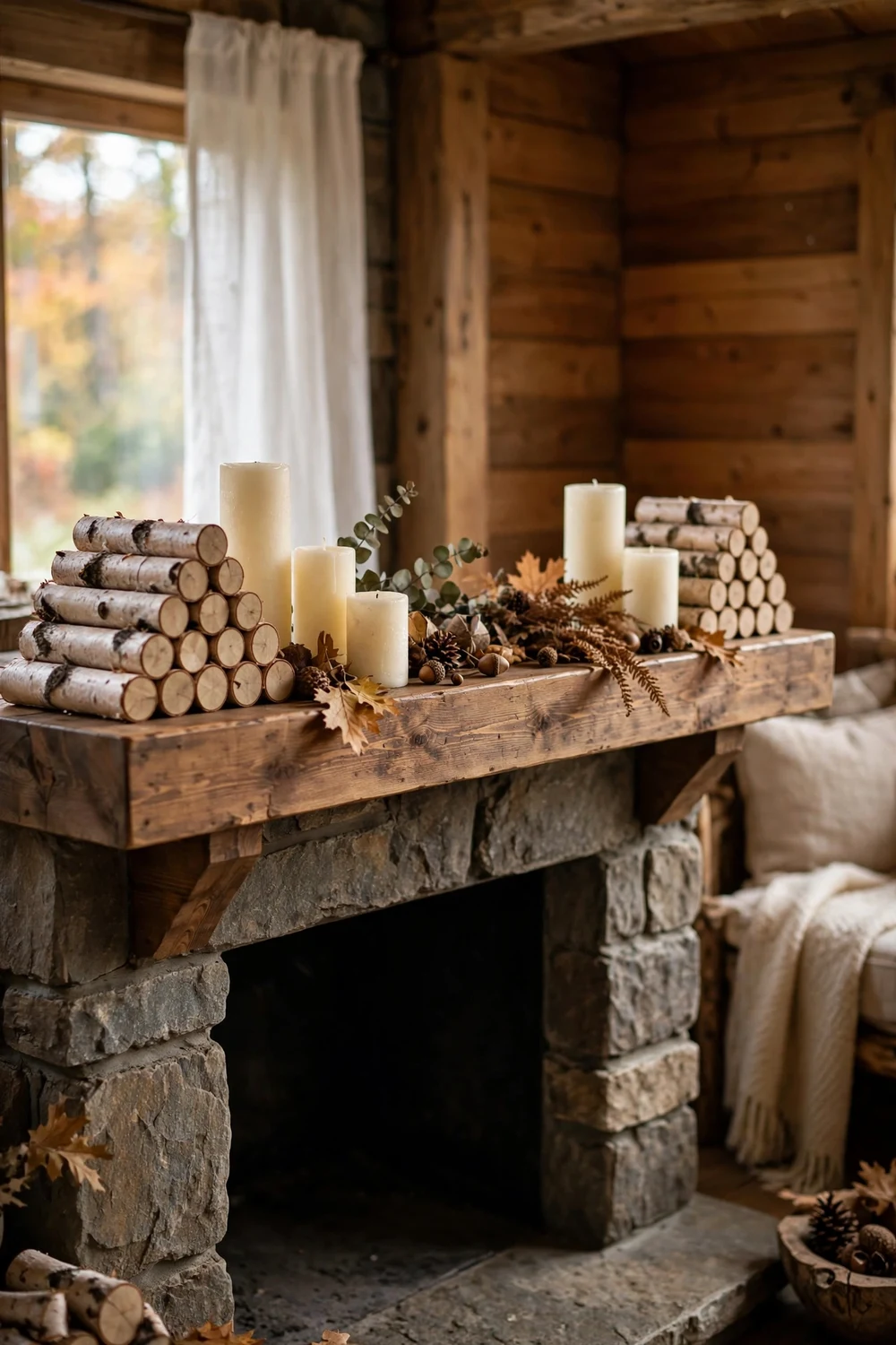 Birch log stacks with ivory pillar candles on a woodsy fall mantel