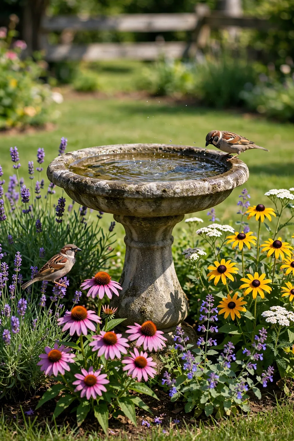 Classic birdbath surrounded by pollinator-friendly flowers in a sunny lawn garden