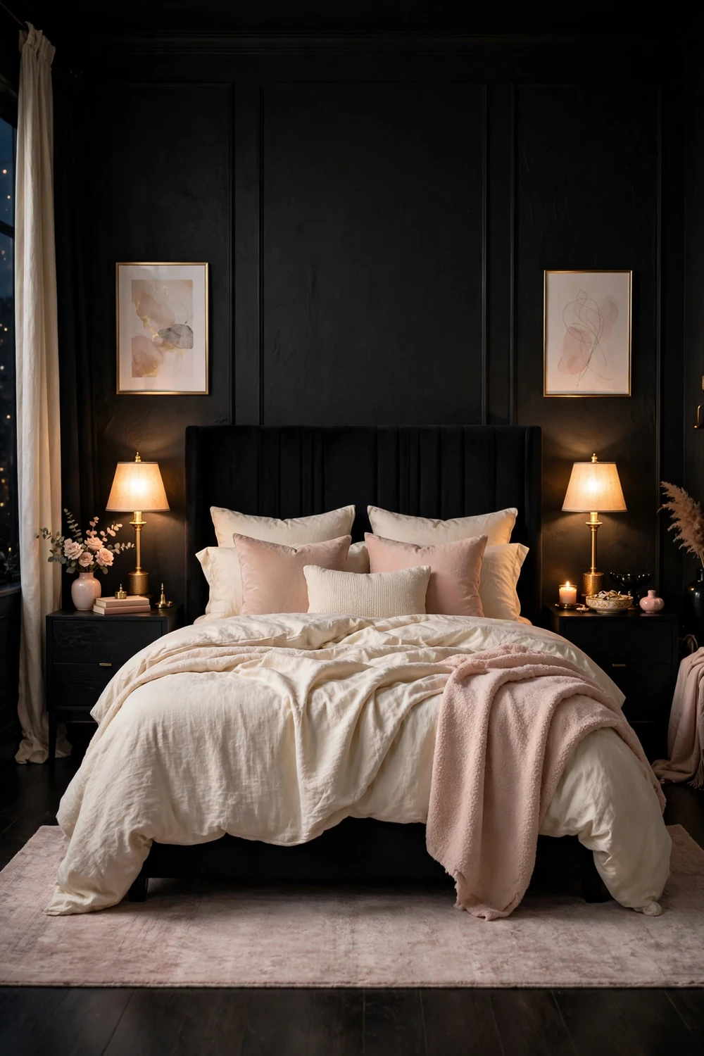 Elegant bedroom with matte black accent wall behind an upholstered bed with cream bedding