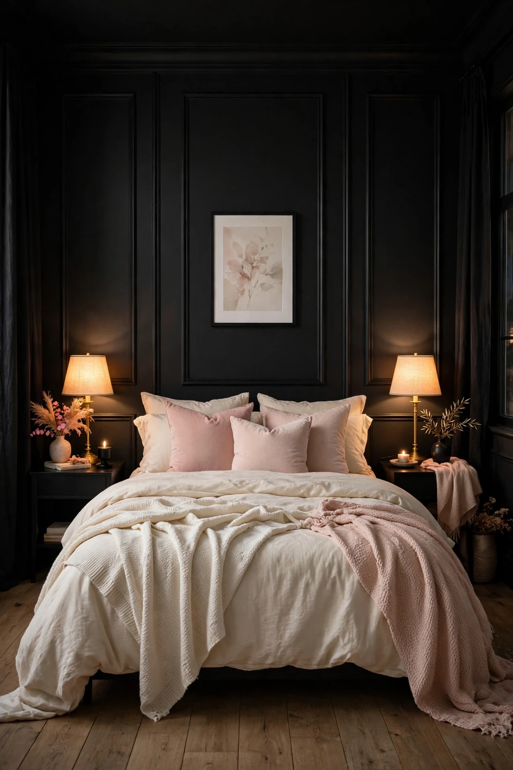 Bedroom with black board-and-batten wall molding behind bed with blush pillows