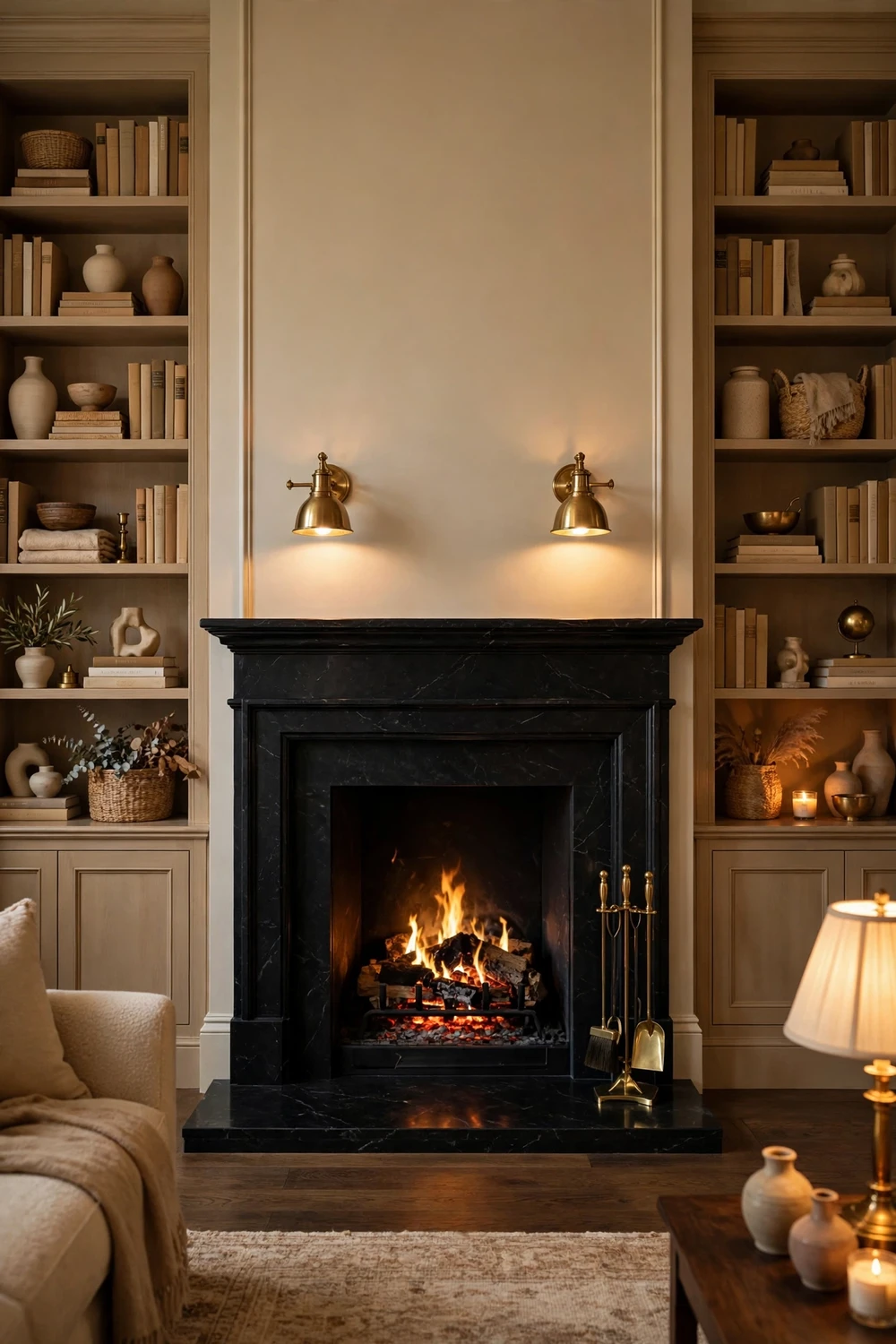 Black fireplace surround with brass accents and built-in bookshelves