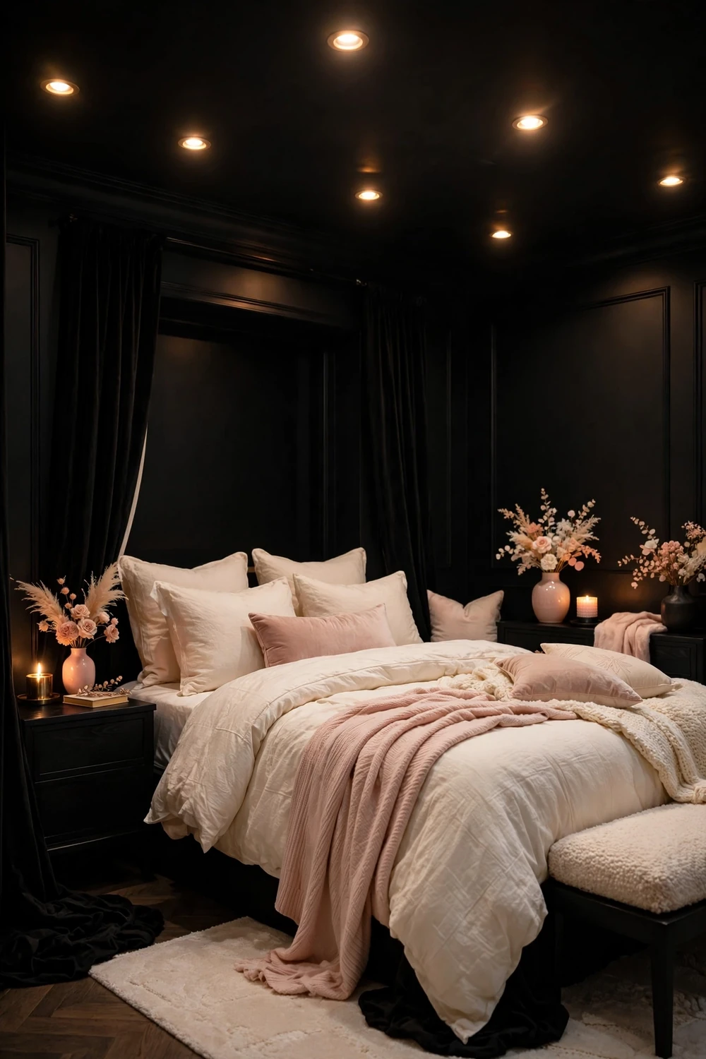 Cozy bedroom with dramatic black ceiling warm glow and plush cream bedding