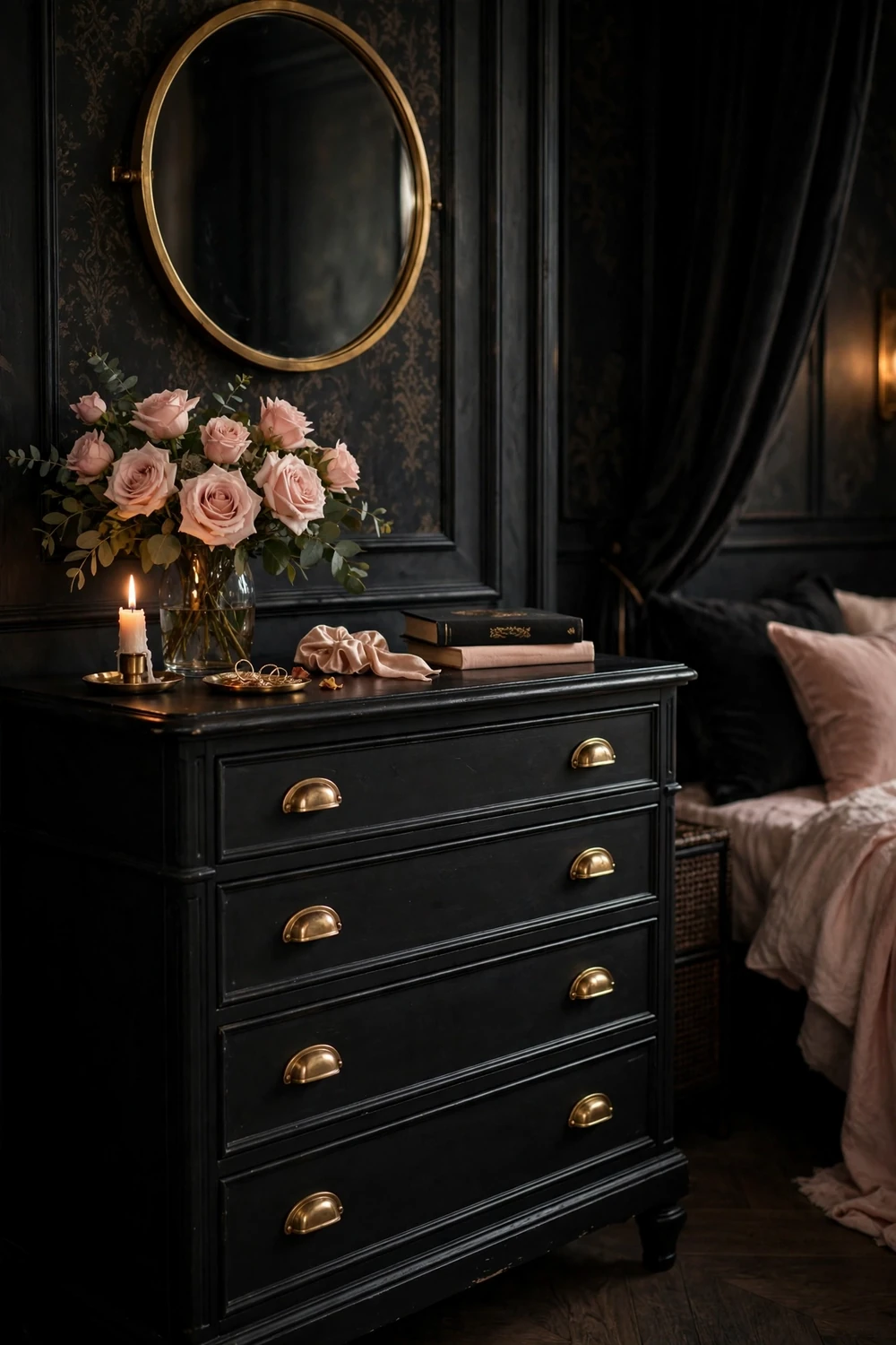 Elegant black dresser with brass drawer pulls styled with blush roses and candle