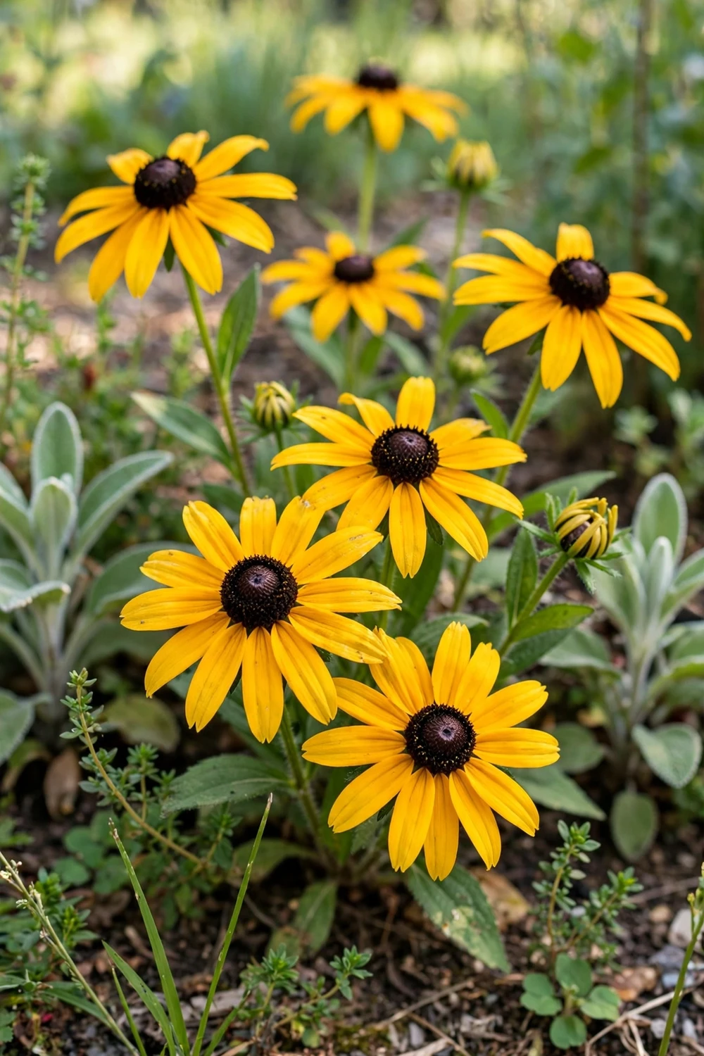 Black-eyed Susan with cheerful yellow flowers and dark brown centers in a sunny flower bed