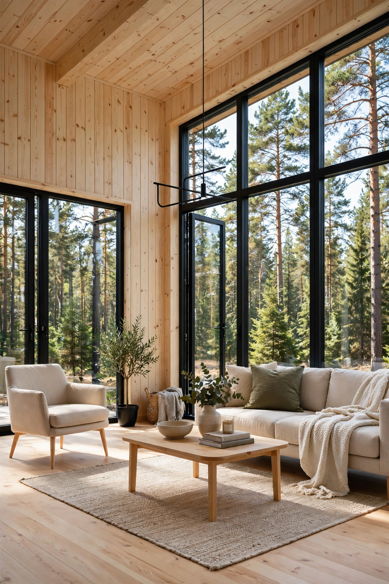 Modern pine cabin living room with black-framed floor-to-ceiling windows overlooking trees