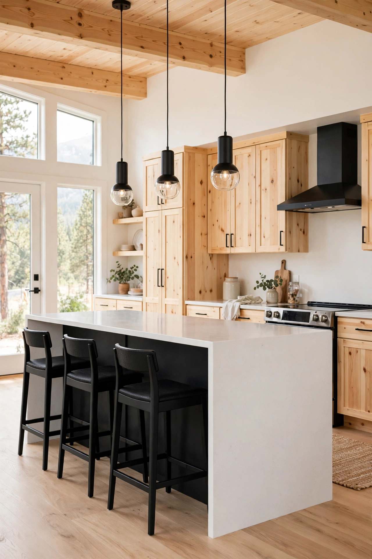 Black kitchen island contrasted with light pine cabinetry in a modern cabin kitchen