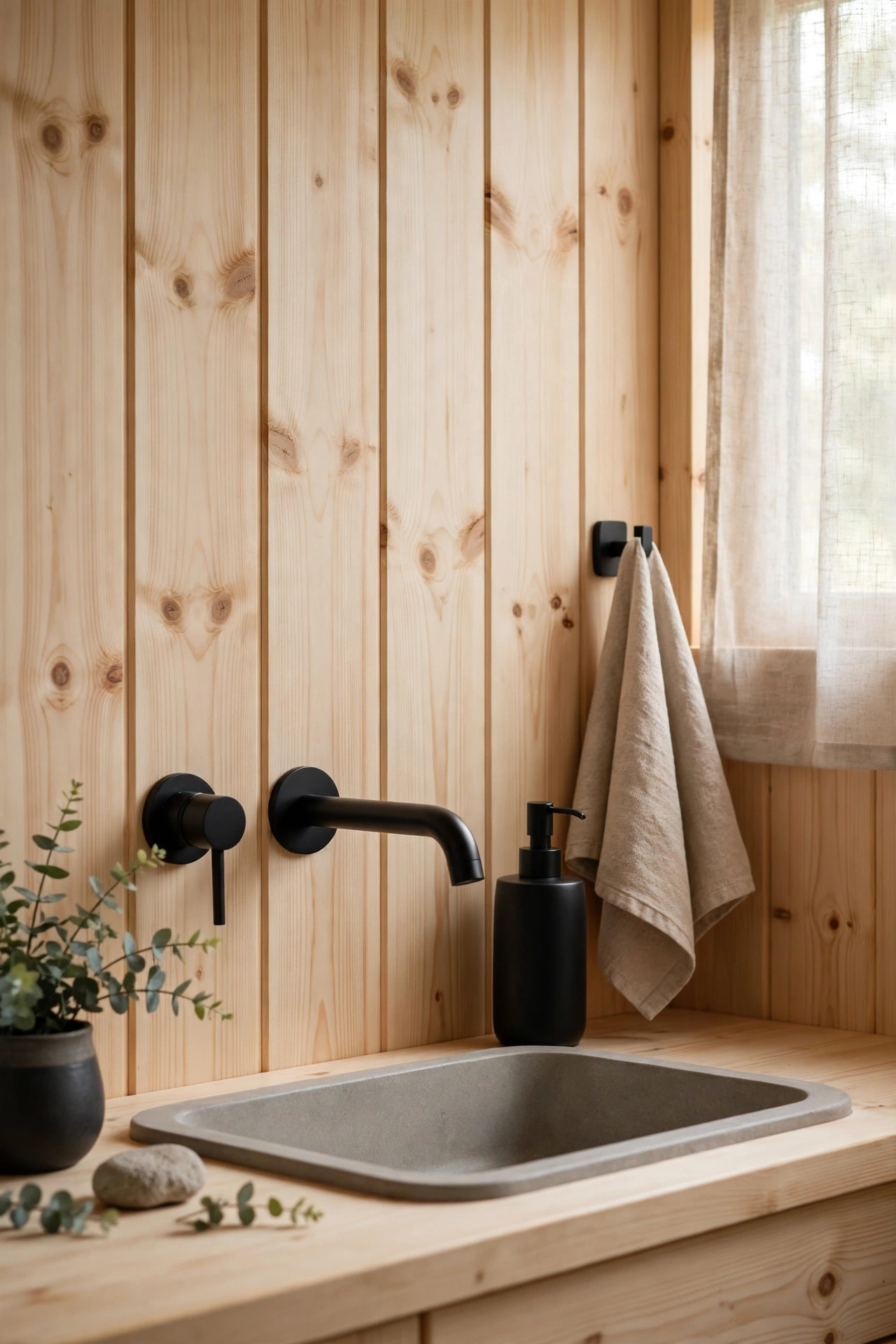 Cabin bathroom with matte black faucet and fixtures against pine wood walls