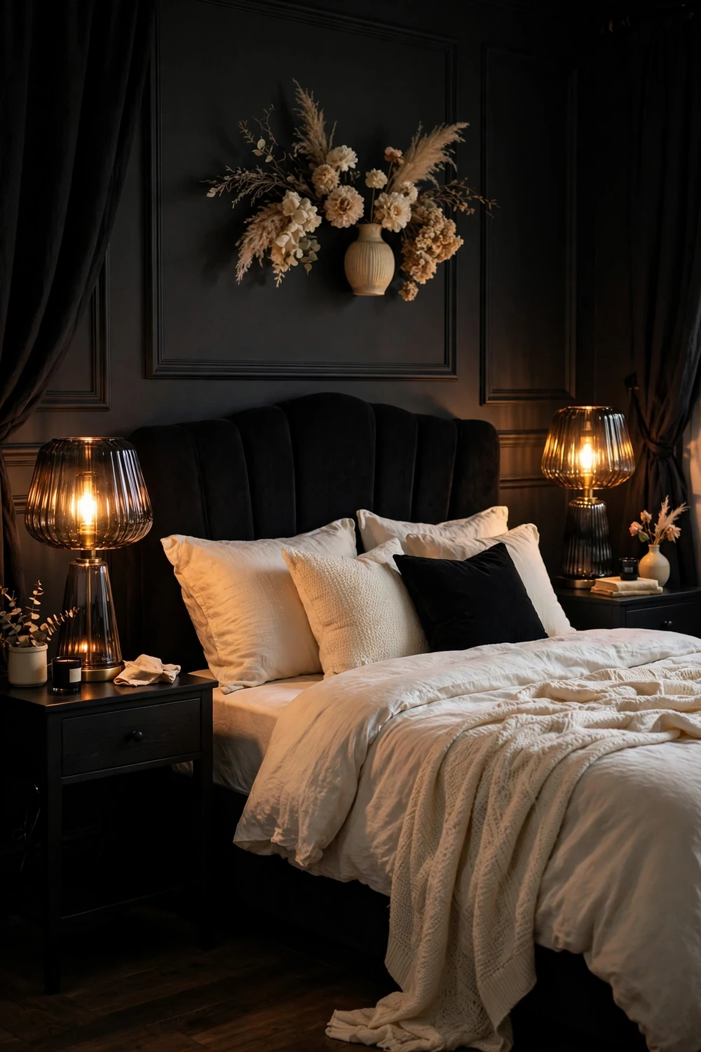 Matching black nightstands with smoked-glass lamps glowing amber beside romantic bed