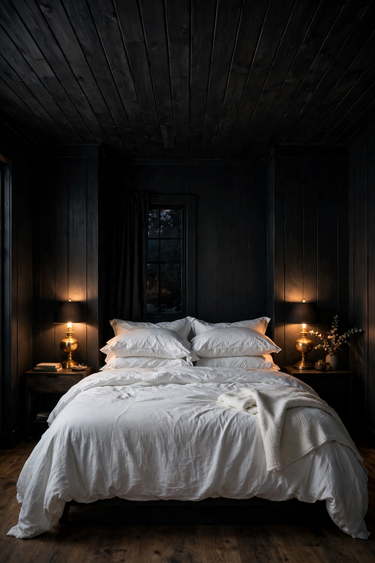 Black painted wood plank ceiling in a moody dramatic bedroom