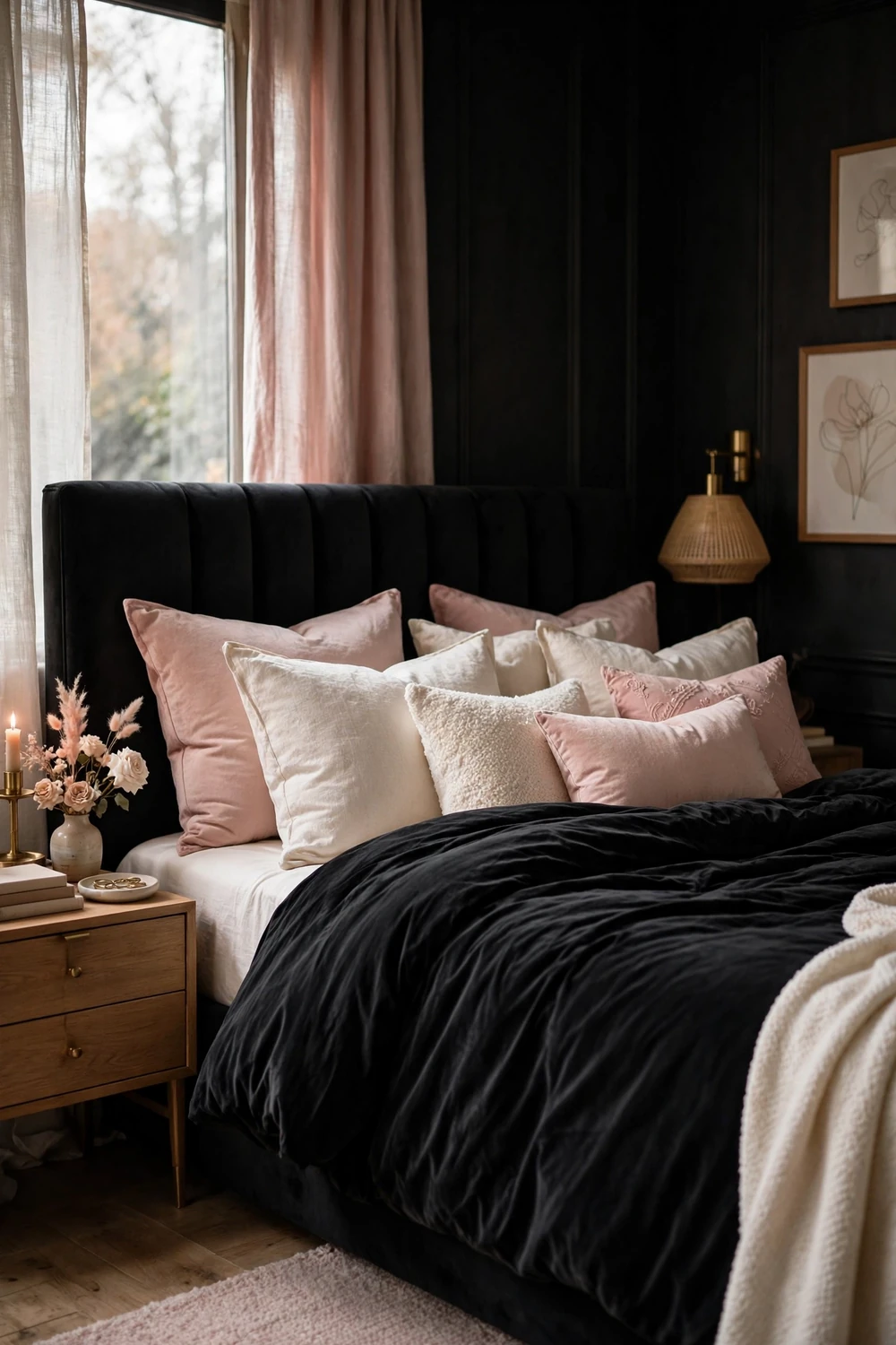 Luxurious bed with black velvet duvet and blush pink layered pillows