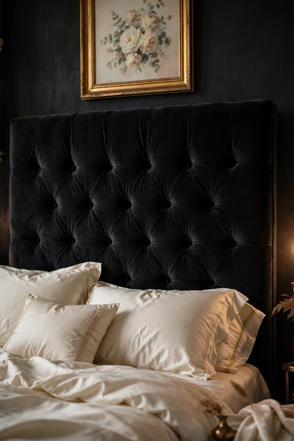 Tall black velvet tufted headboard with cream silk bedding and gold-framed art