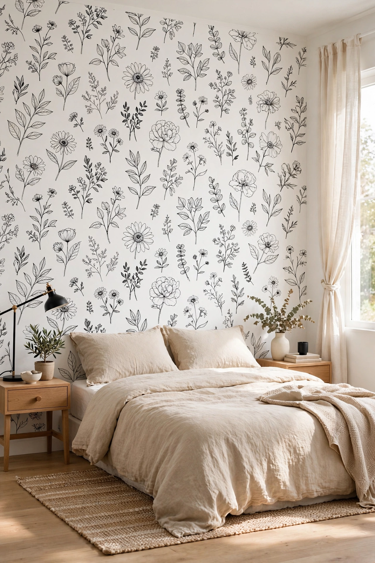 Minimalist bedroom with black and white floral line-drawing sketch wallpaper