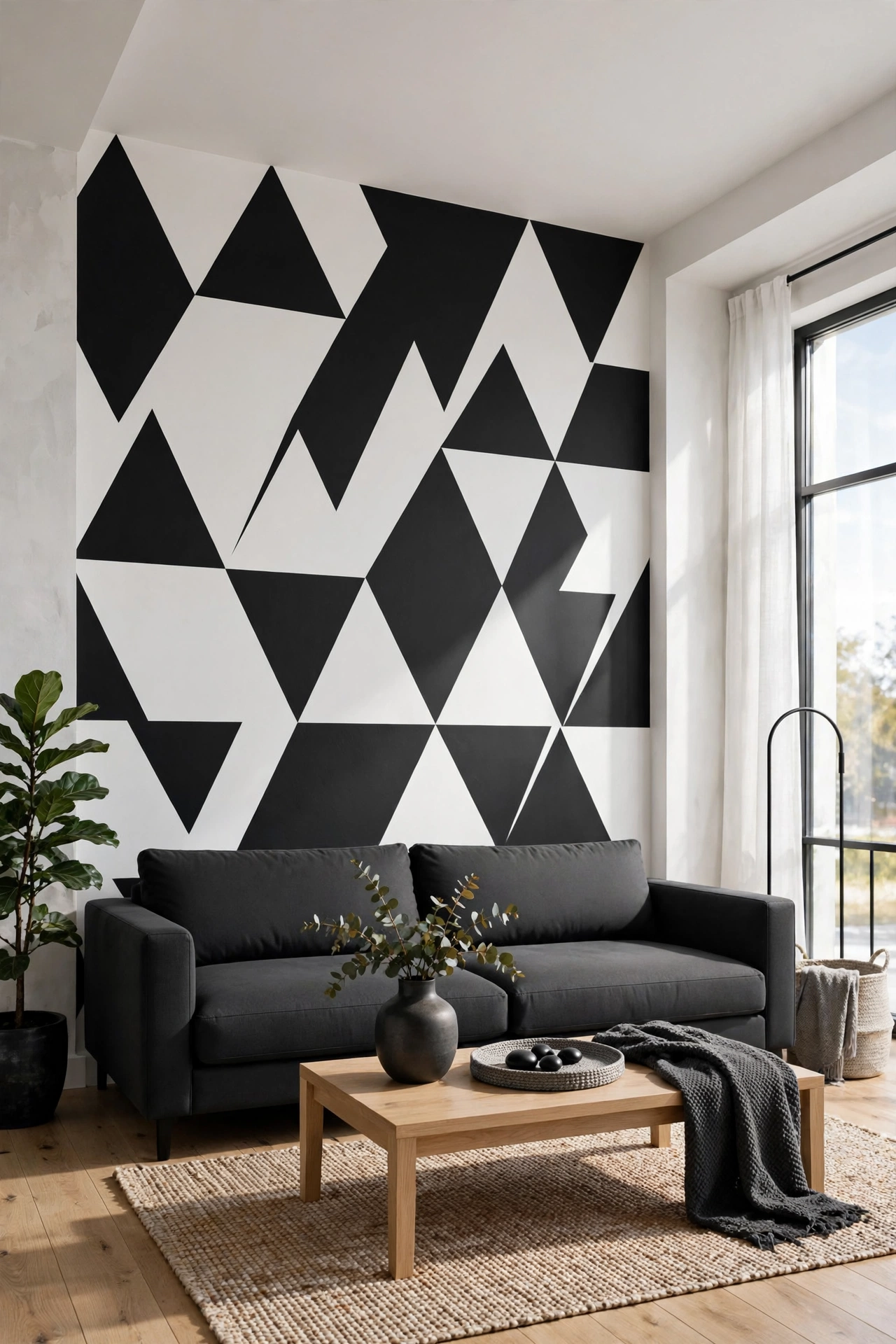 Living room wall with bold black and white graphic triangle pattern
