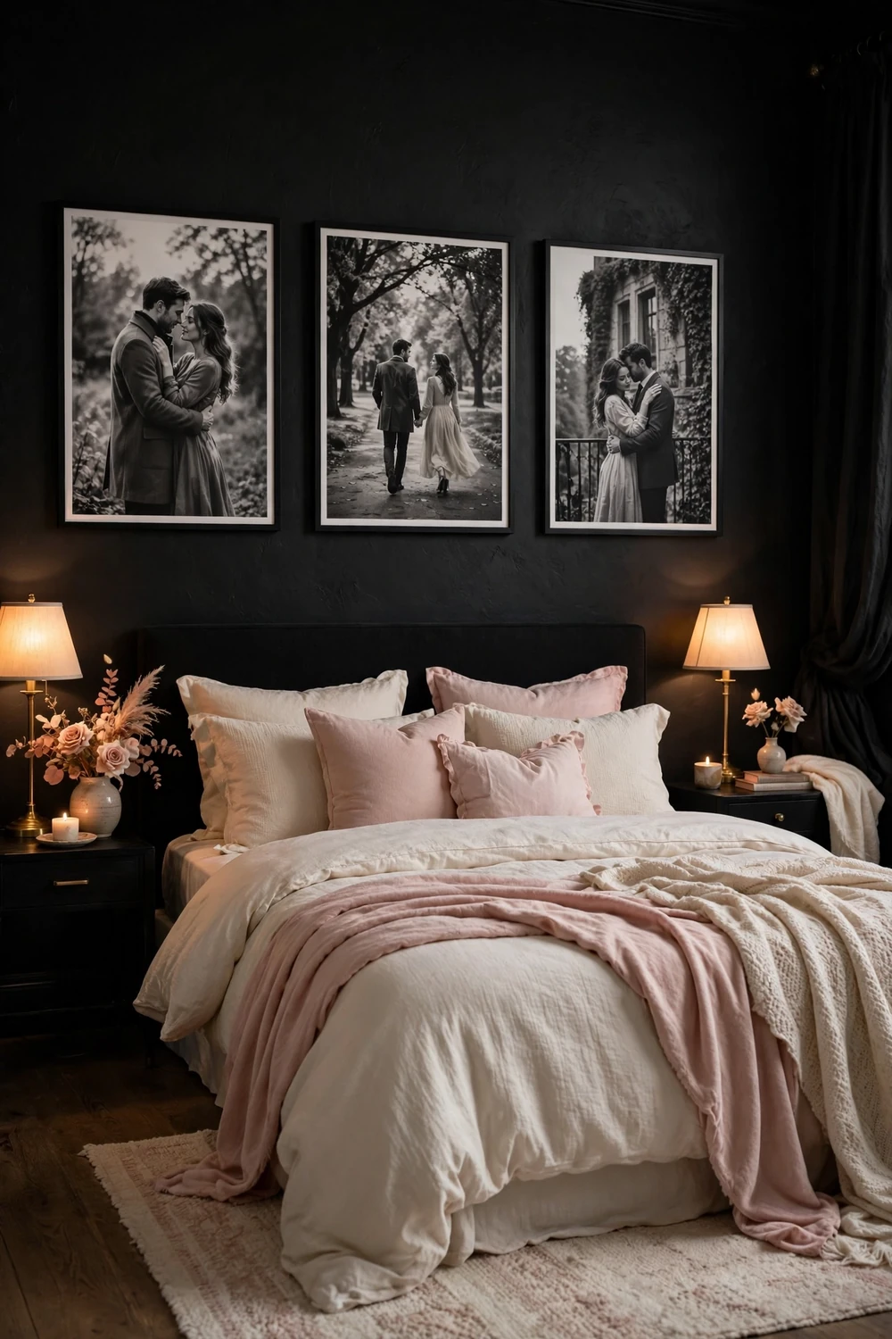 Black bedroom wall with large black-and-white romantic photography prints above bed