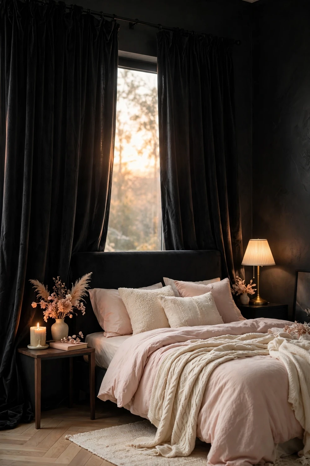 Floor-to-ceiling black velvet curtains framing a bedroom window