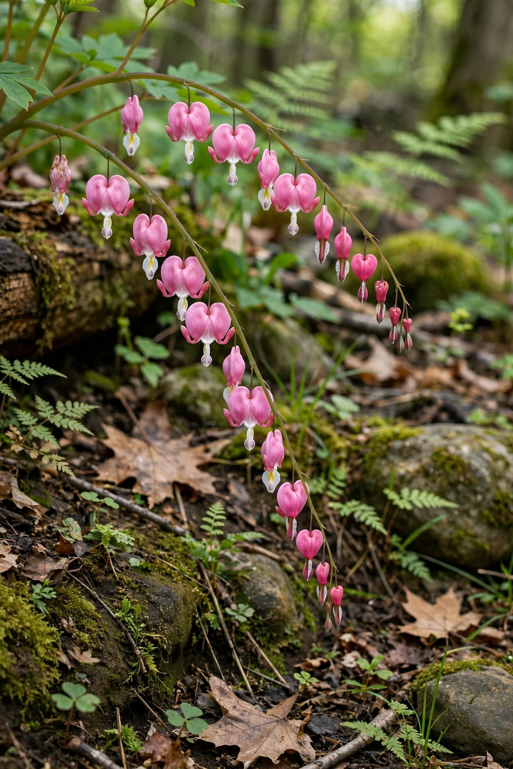 Bleeding heart with heart-shaped pink flowers hanging from arching stems in a shaded woodland garden