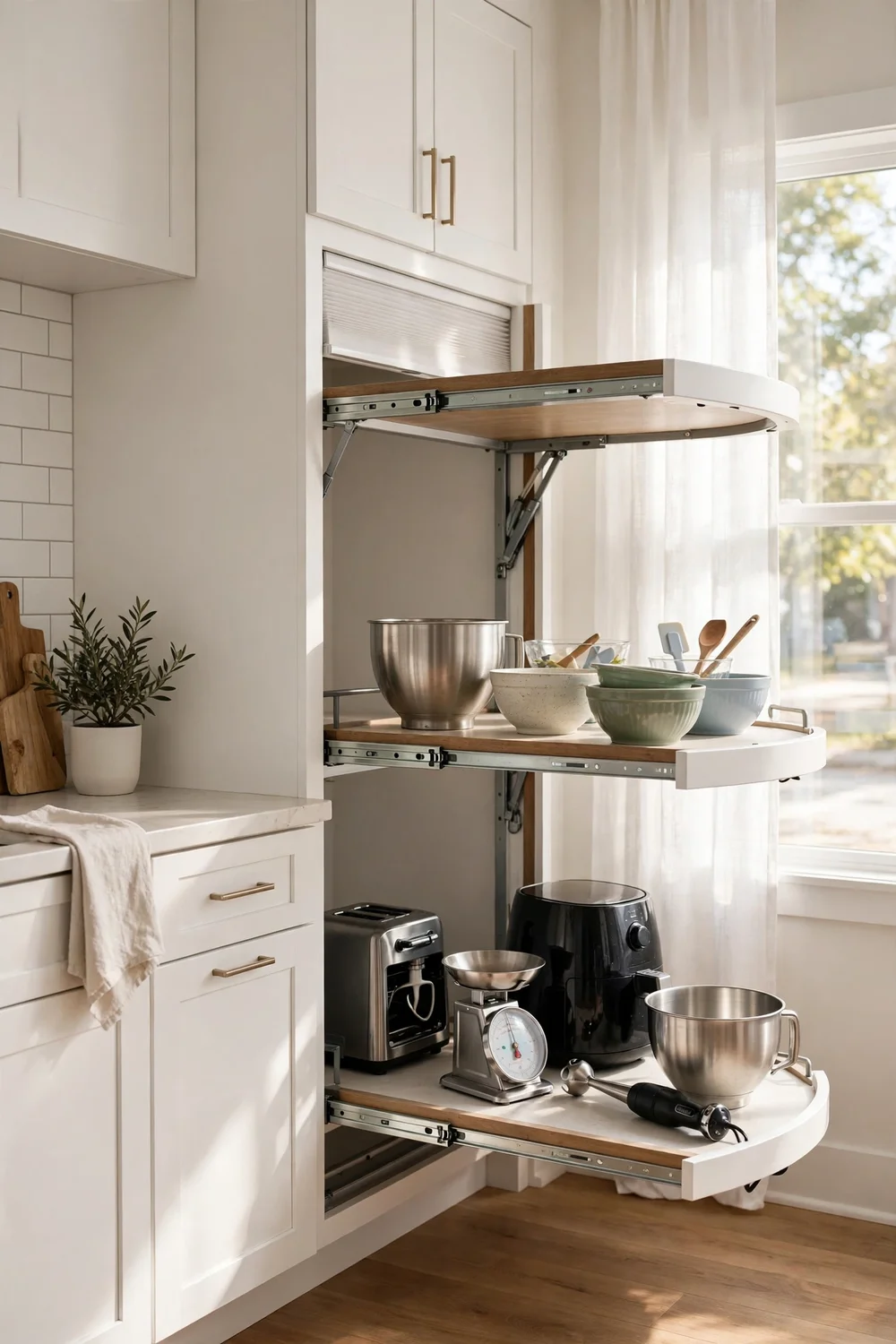Kitchen blind corner cabinet with pull-out magic corner shelves extending outward