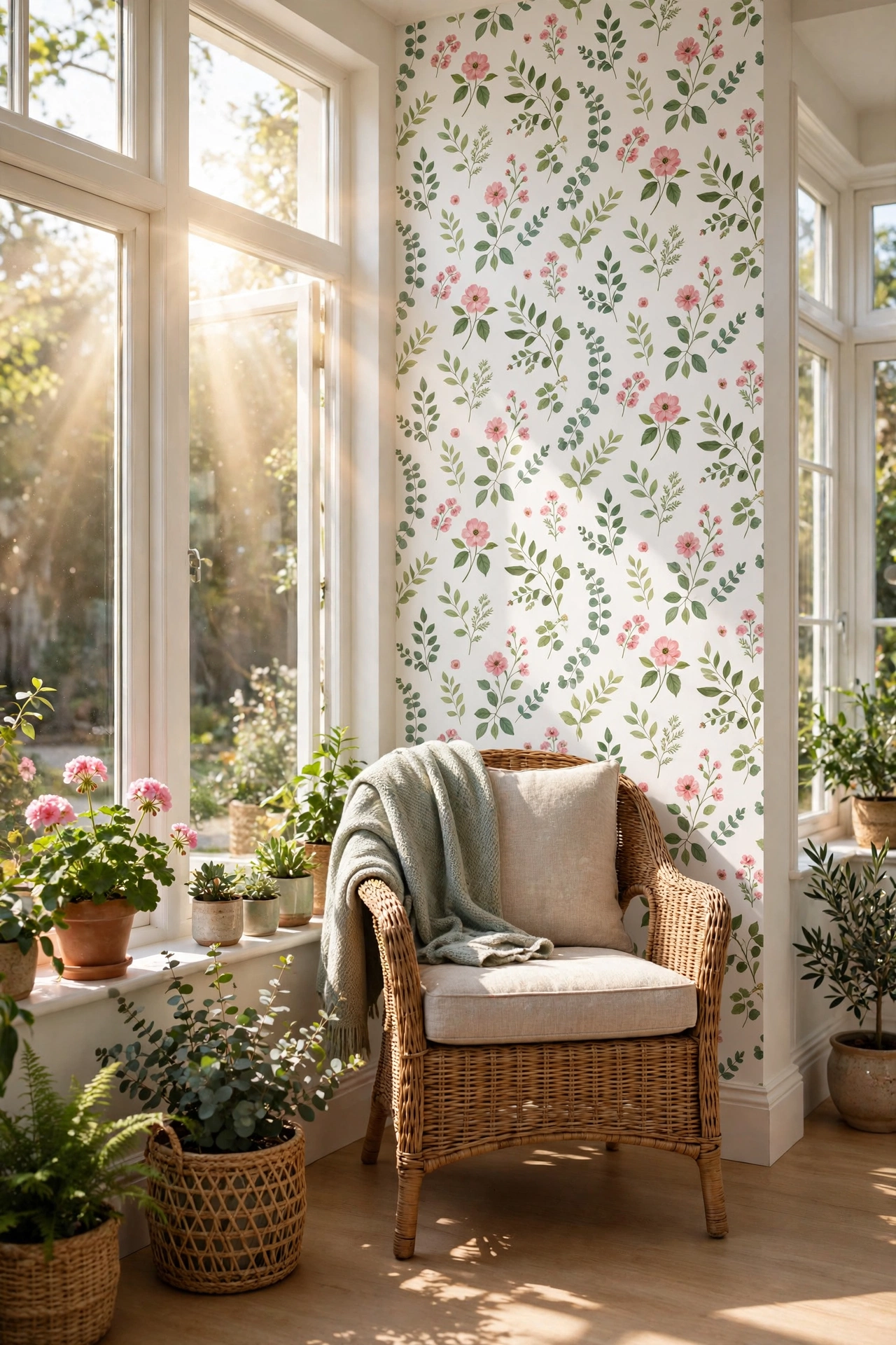 Bright sunroom with Blooming Wall pink and green garden floral peel-and-stick wallpaper