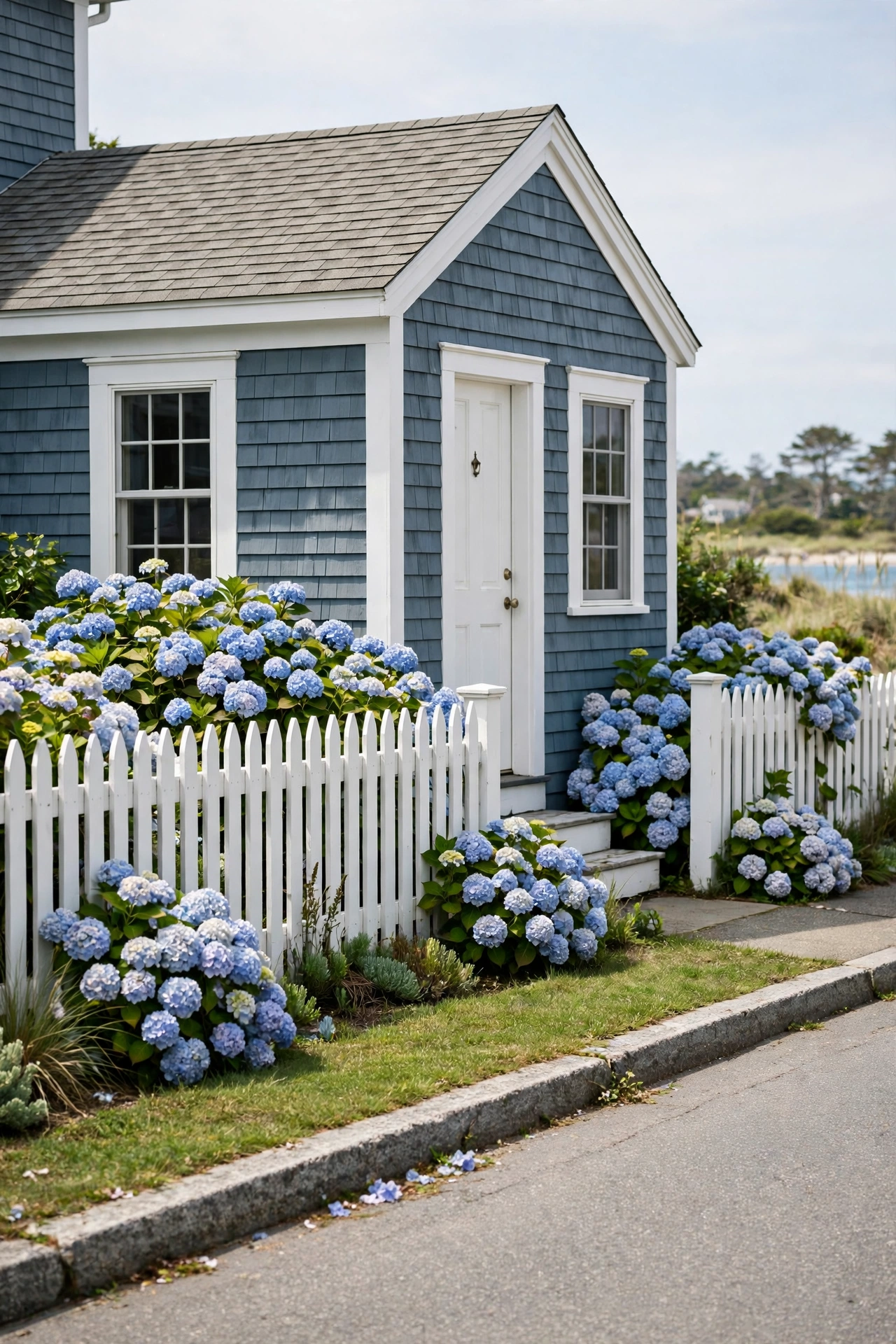 Blue-gray coastal cottage with white trim, picket fence and hydrangeas