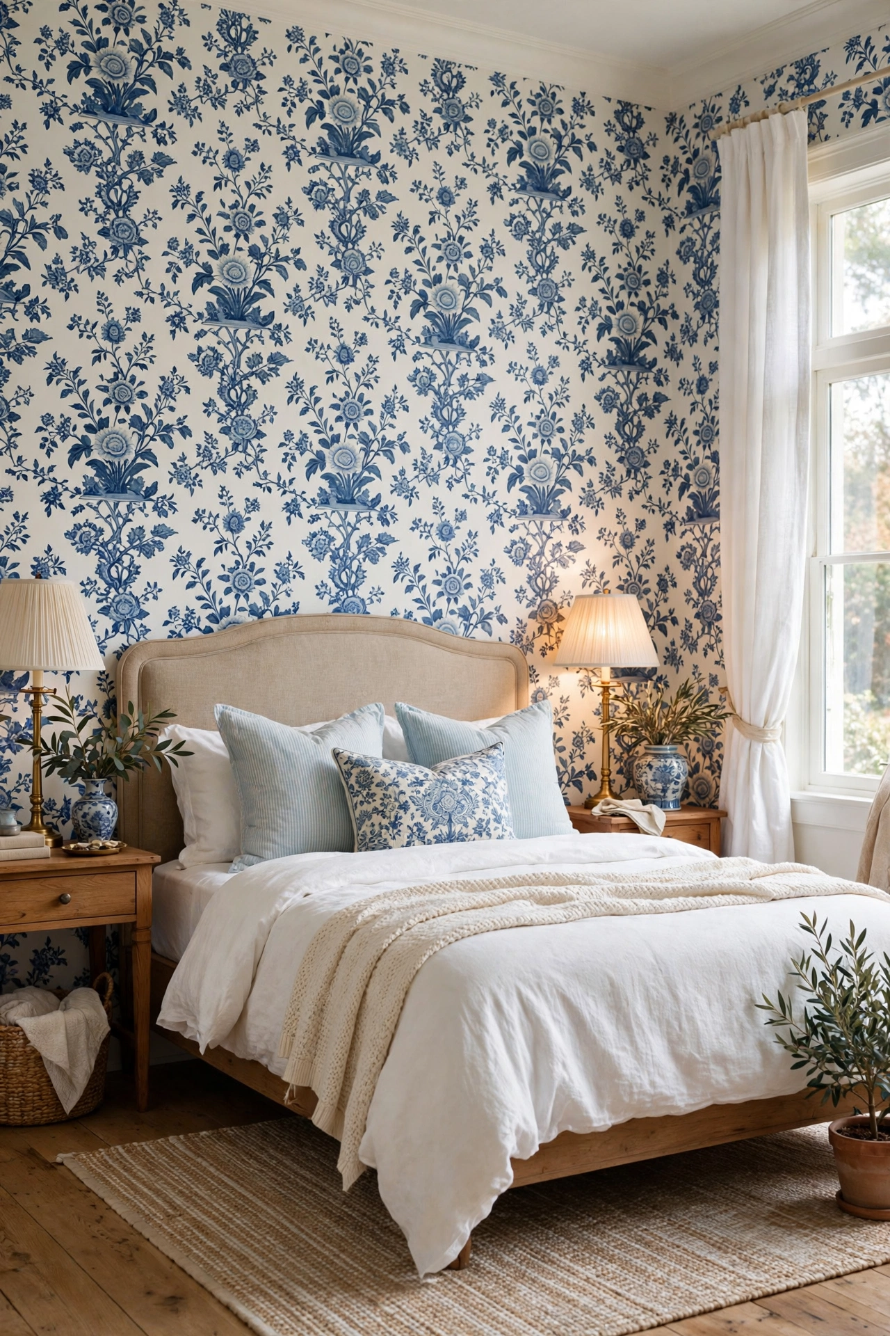 Timeless bedroom with blue and white porcelain-style floral wallpaper