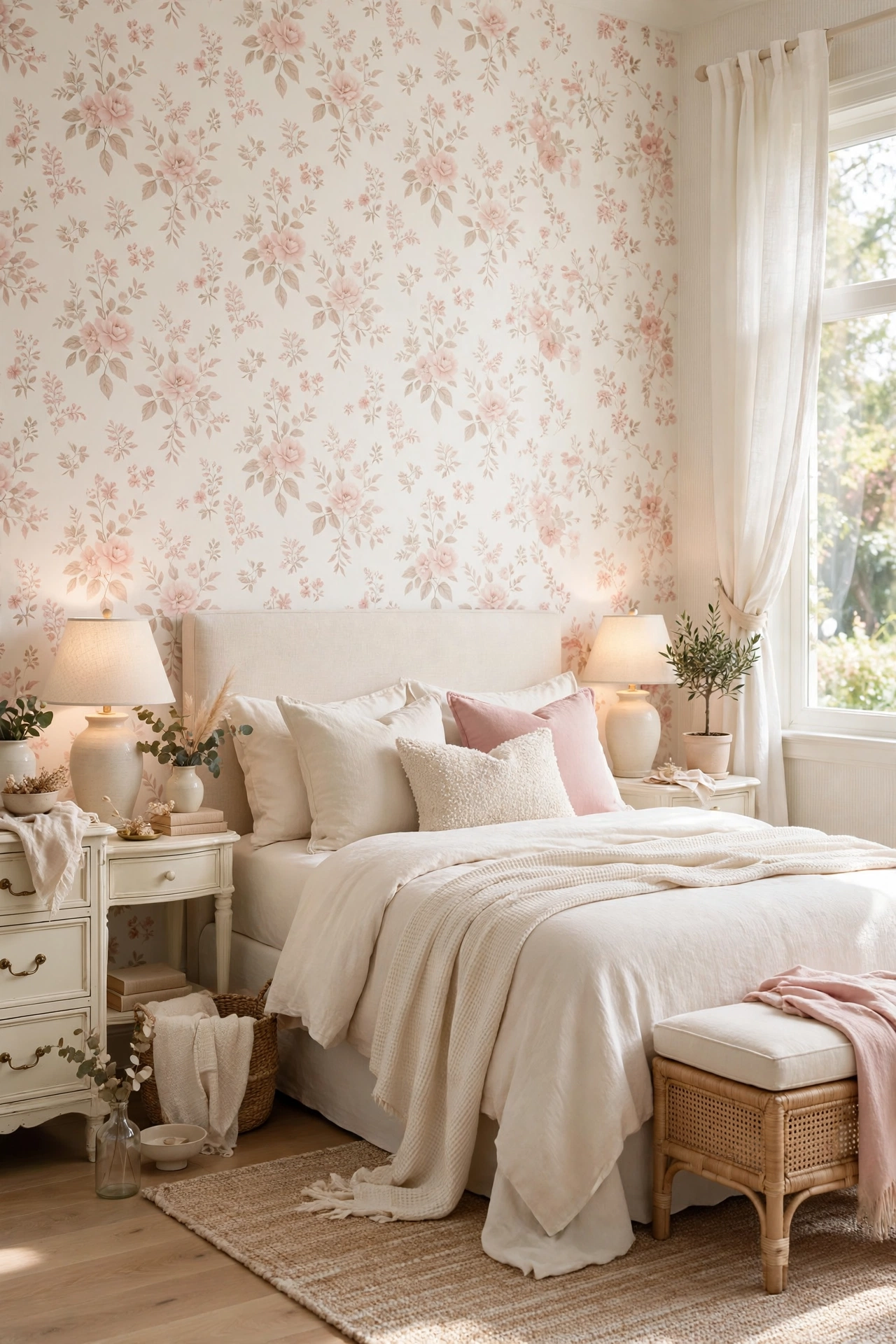 Romantic bedroom with soft blush pink floral wallpaper on ivory background