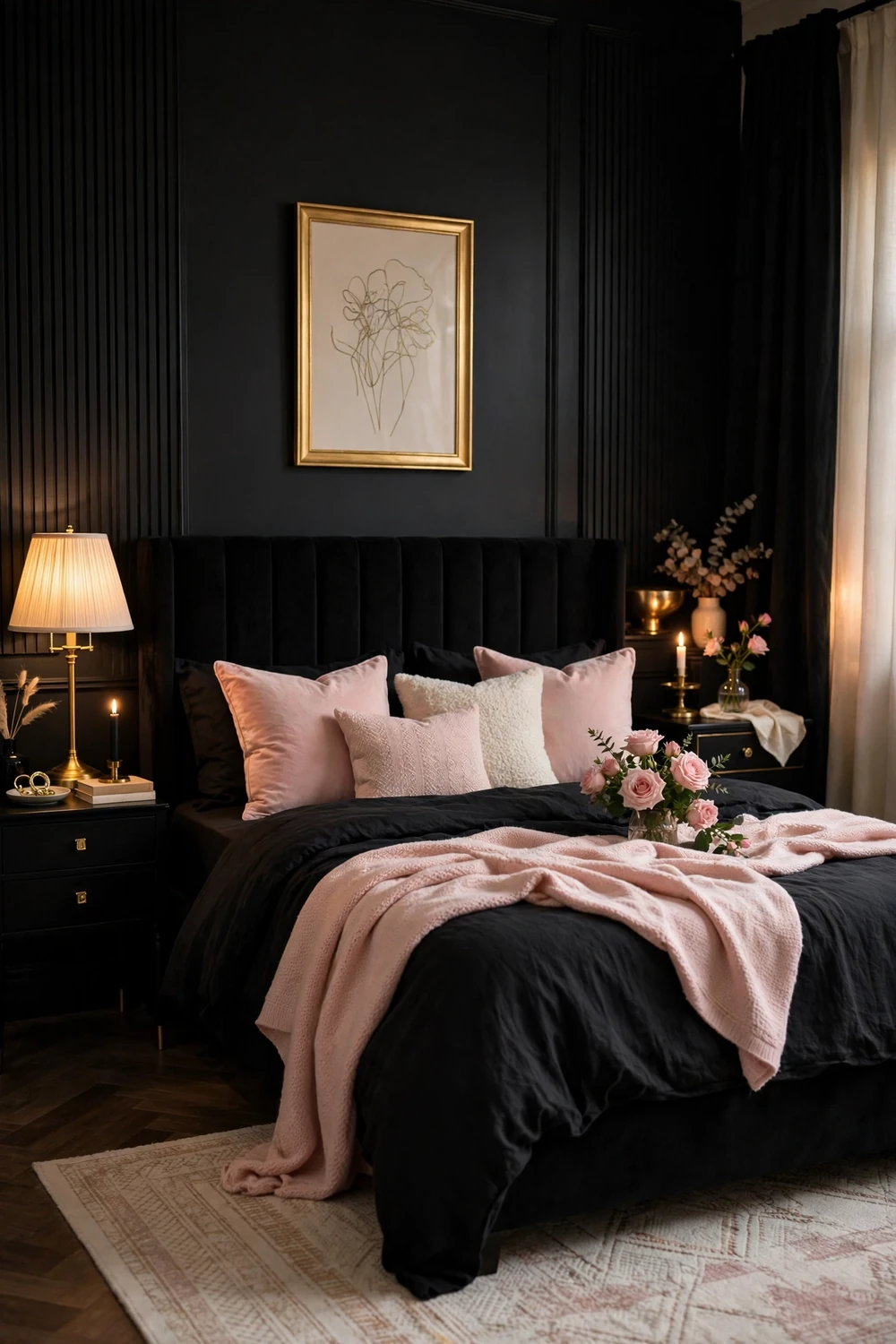 Black bedroom softened with blush pink pillows roses and throw blanket