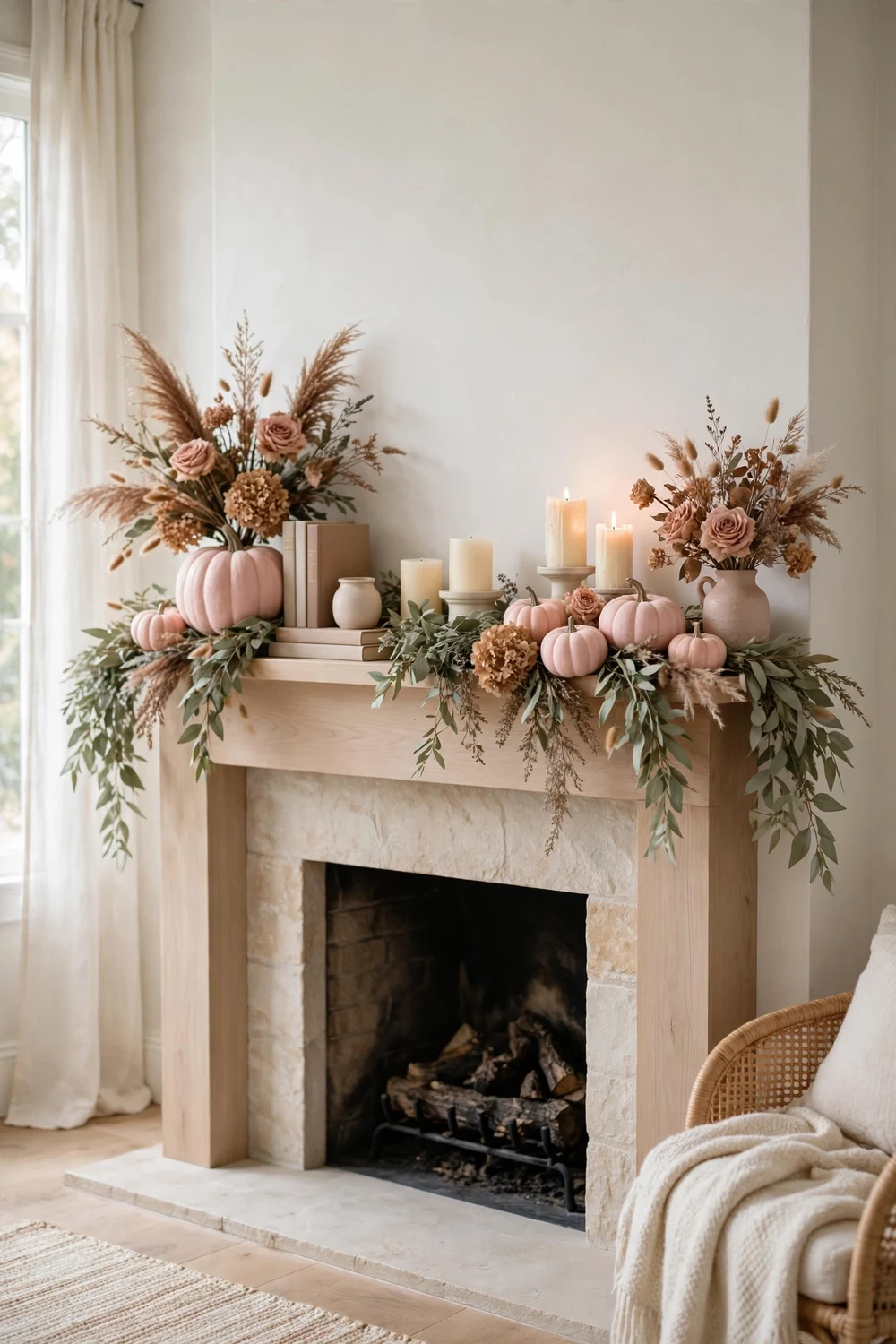 Blush pink pumpkins and sage greenery on a soft romantic fall mantel