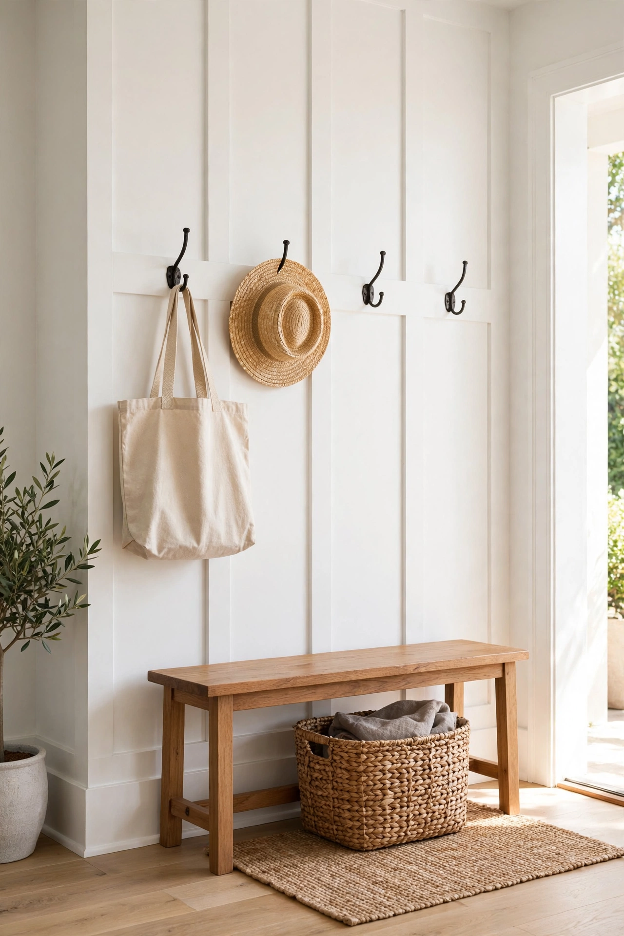 White board and batten paneling on an entryway wall with a bench and hooks