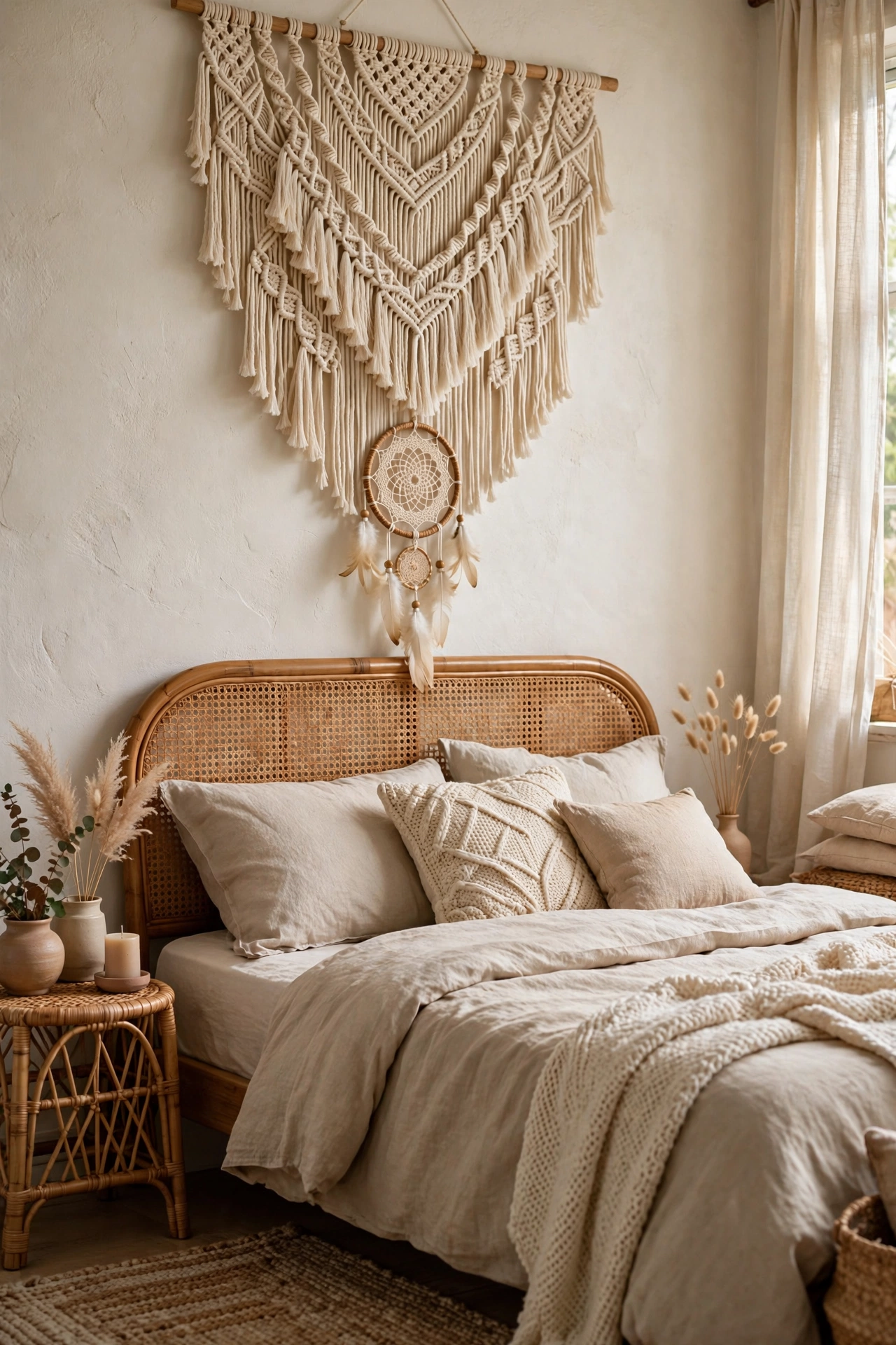 Boho macrame wall hangings in cream cotton above a rattan headboard bed